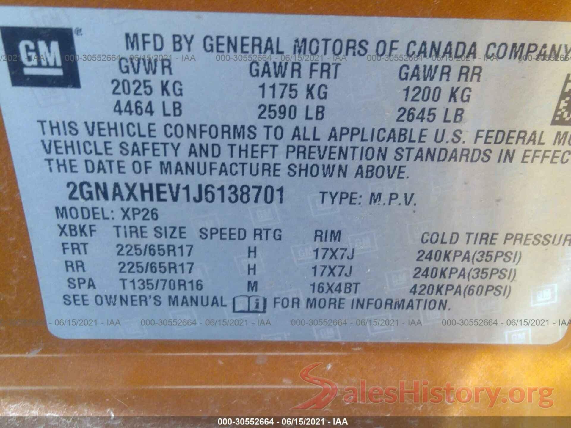 2GNAXHEV1J6138701 2018 CHEVROLET EQUINOX