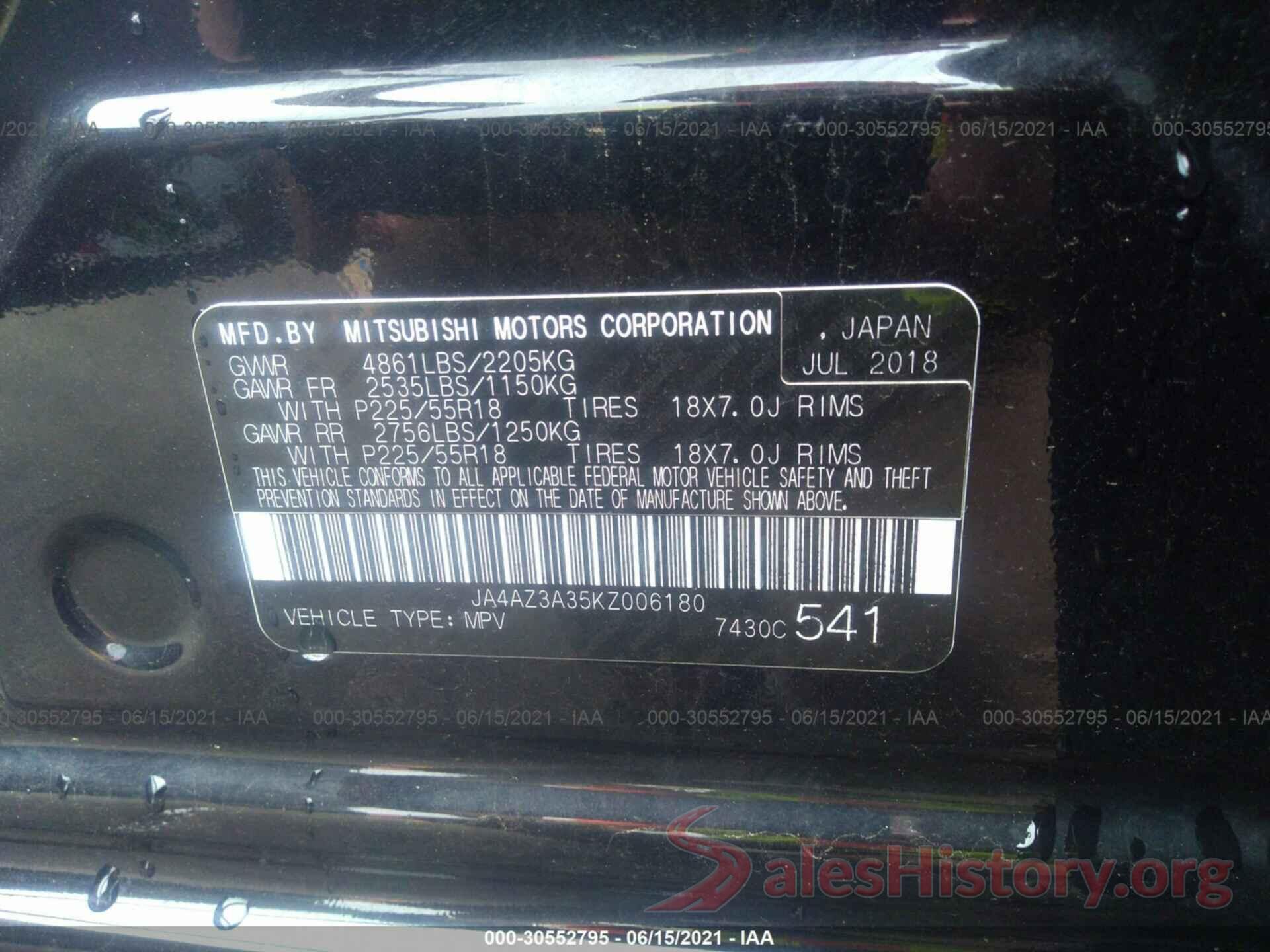 JA4AZ3A35KZ006180 2019 MITSUBISHI OUTLANDER