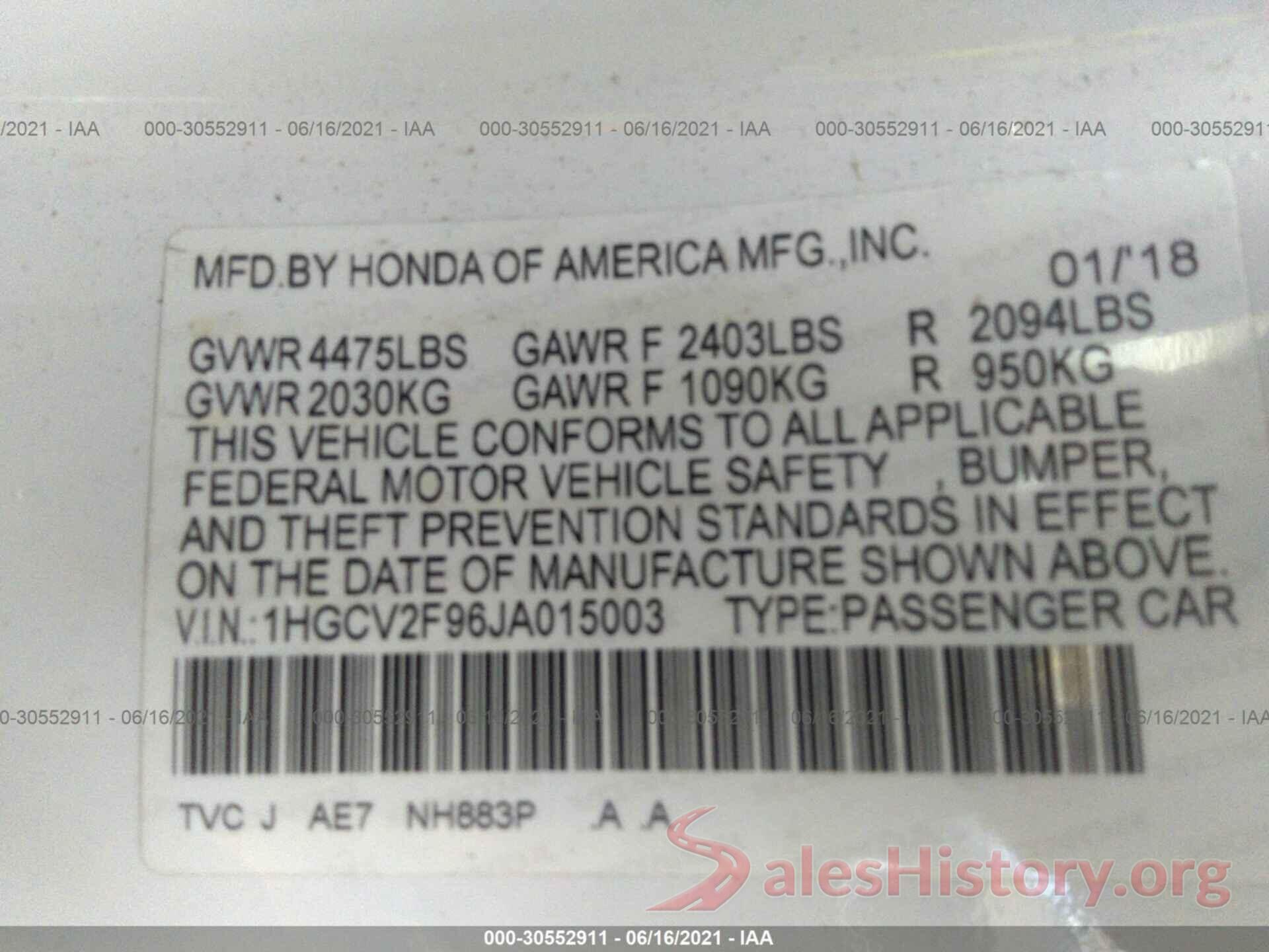 1HGCV2F96JA015003 2018 HONDA ACCORD SEDAN