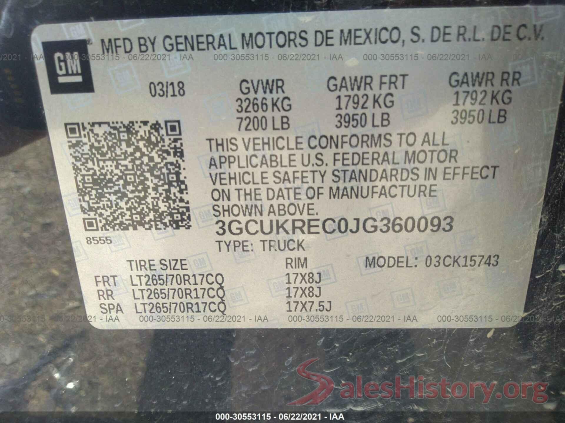 3GCUKREC0JG360093 2018 CHEVROLET SILVERADO 1500