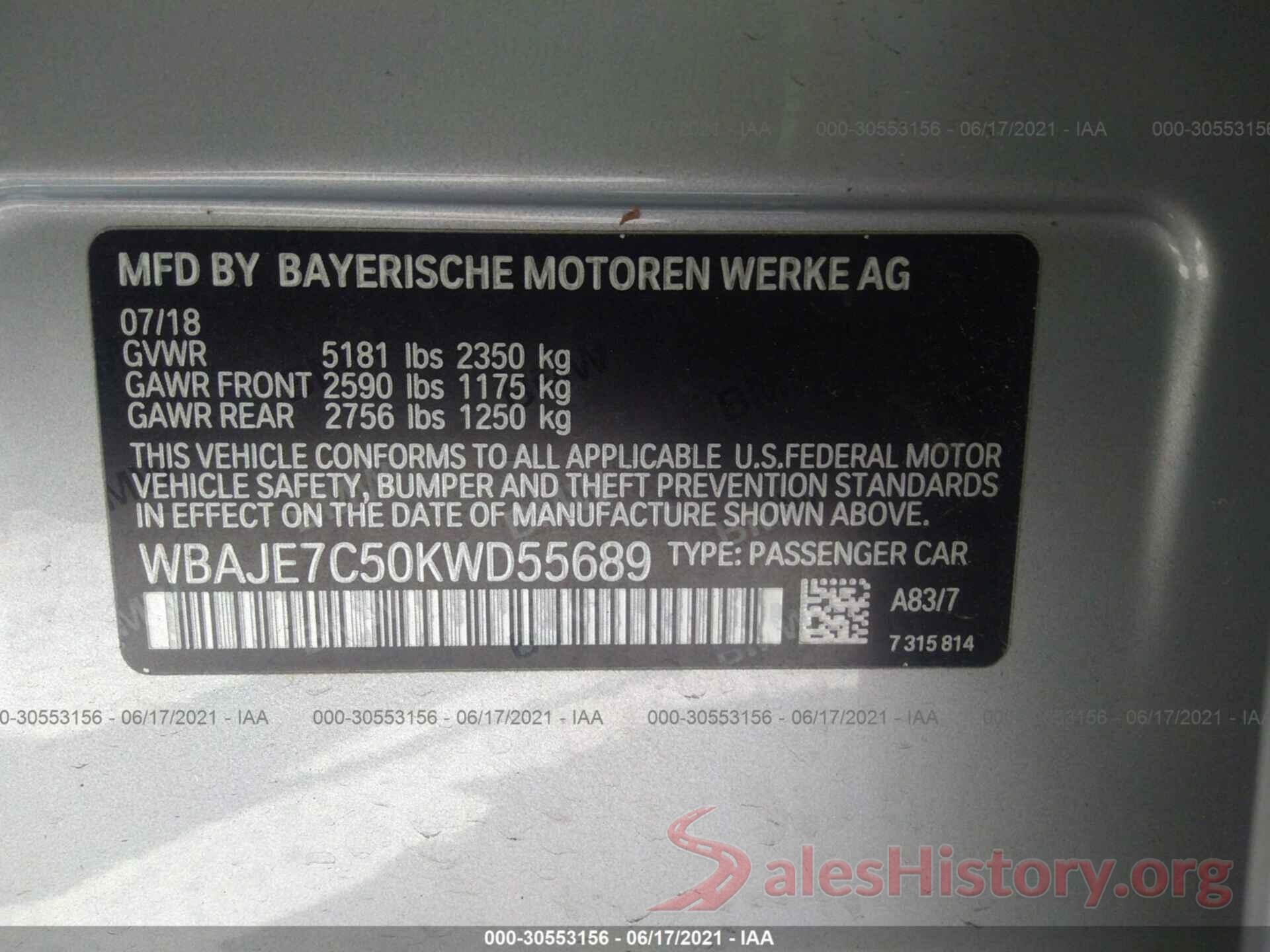 WBAJE7C50KWD55689 2019 BMW 5 SERIES