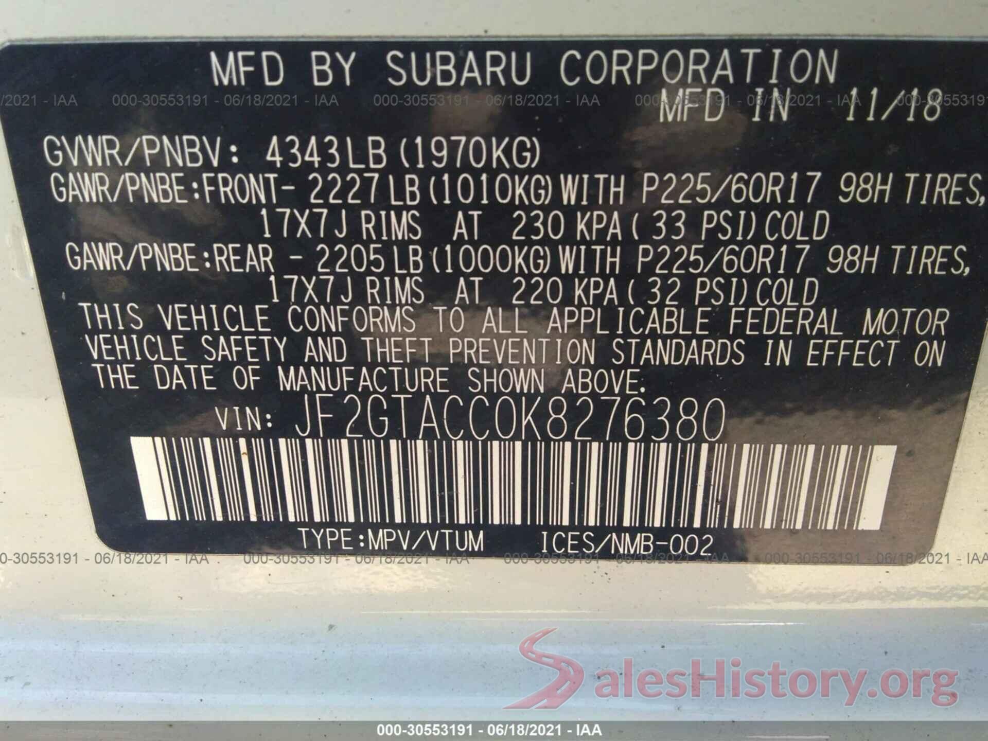 JF2GTACC0K8276380 2019 SUBARU CROSSTREK