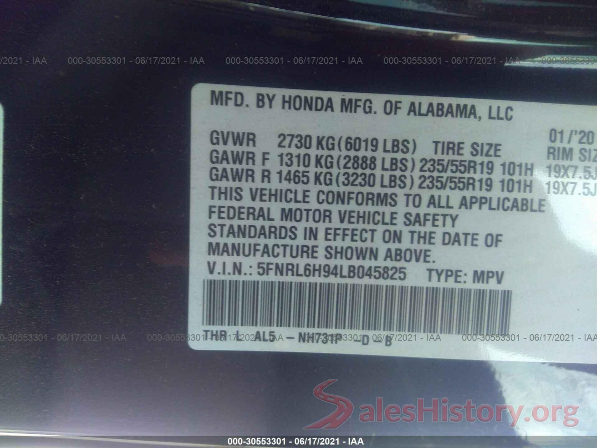 5FNRL6H94LB045825 2020 HONDA ODYSSEY