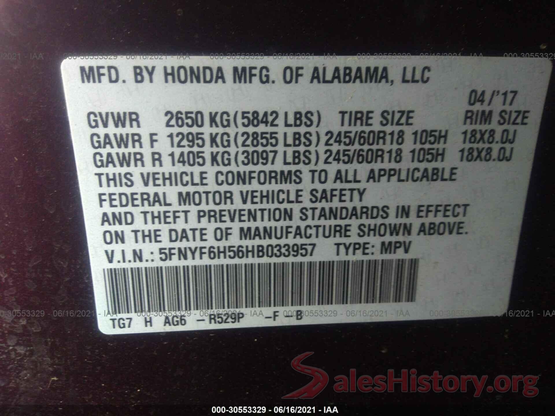 5FNYF6H56HB033957 2017 HONDA PILOT