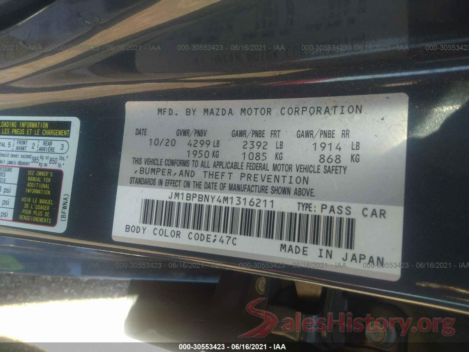 JM1BPBNY4M1316211 2021 MAZDA MAZDA3 HATCHBACK