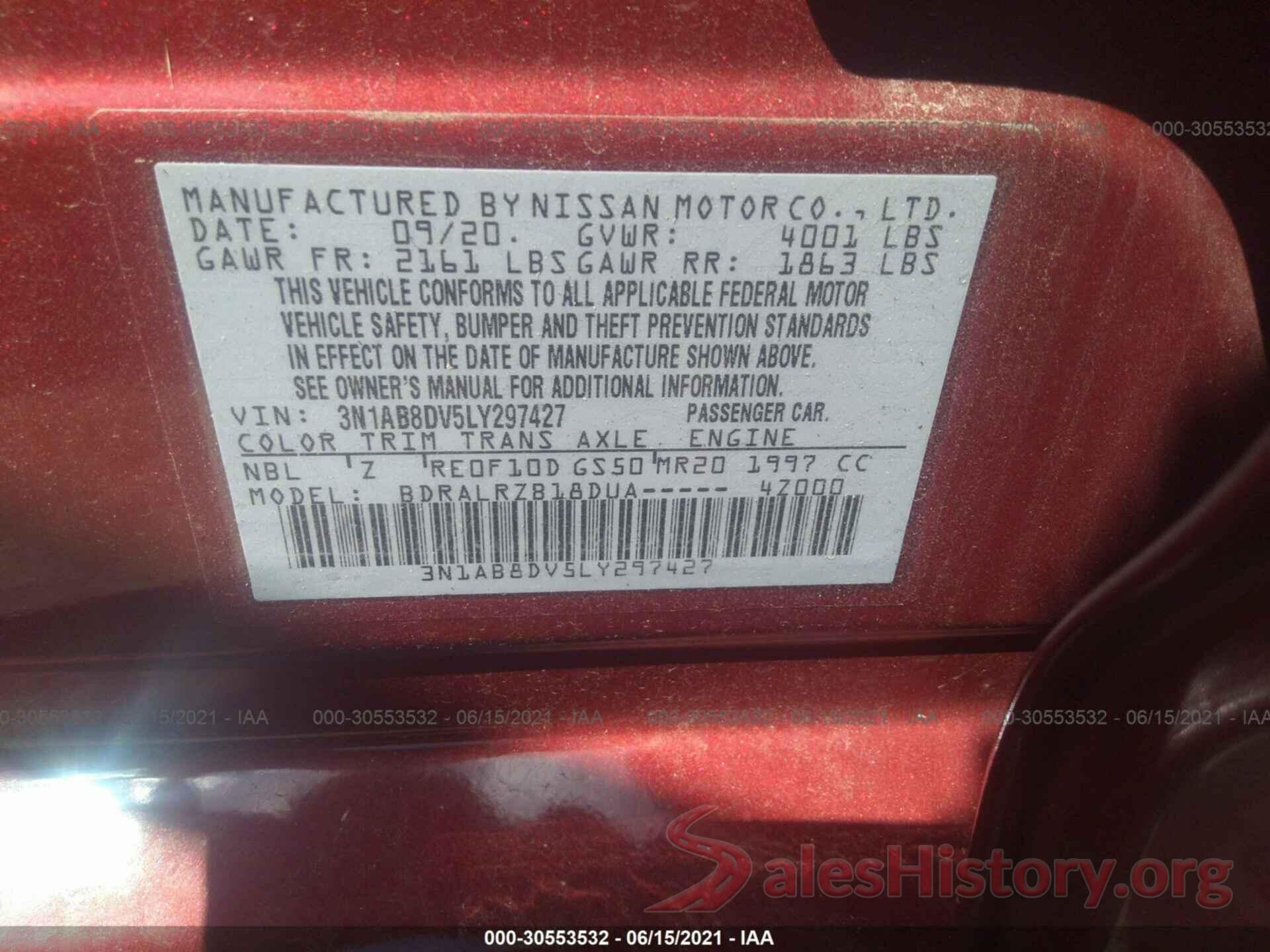 3N1AB8DV5LY297427 2020 NISSAN SENTRA