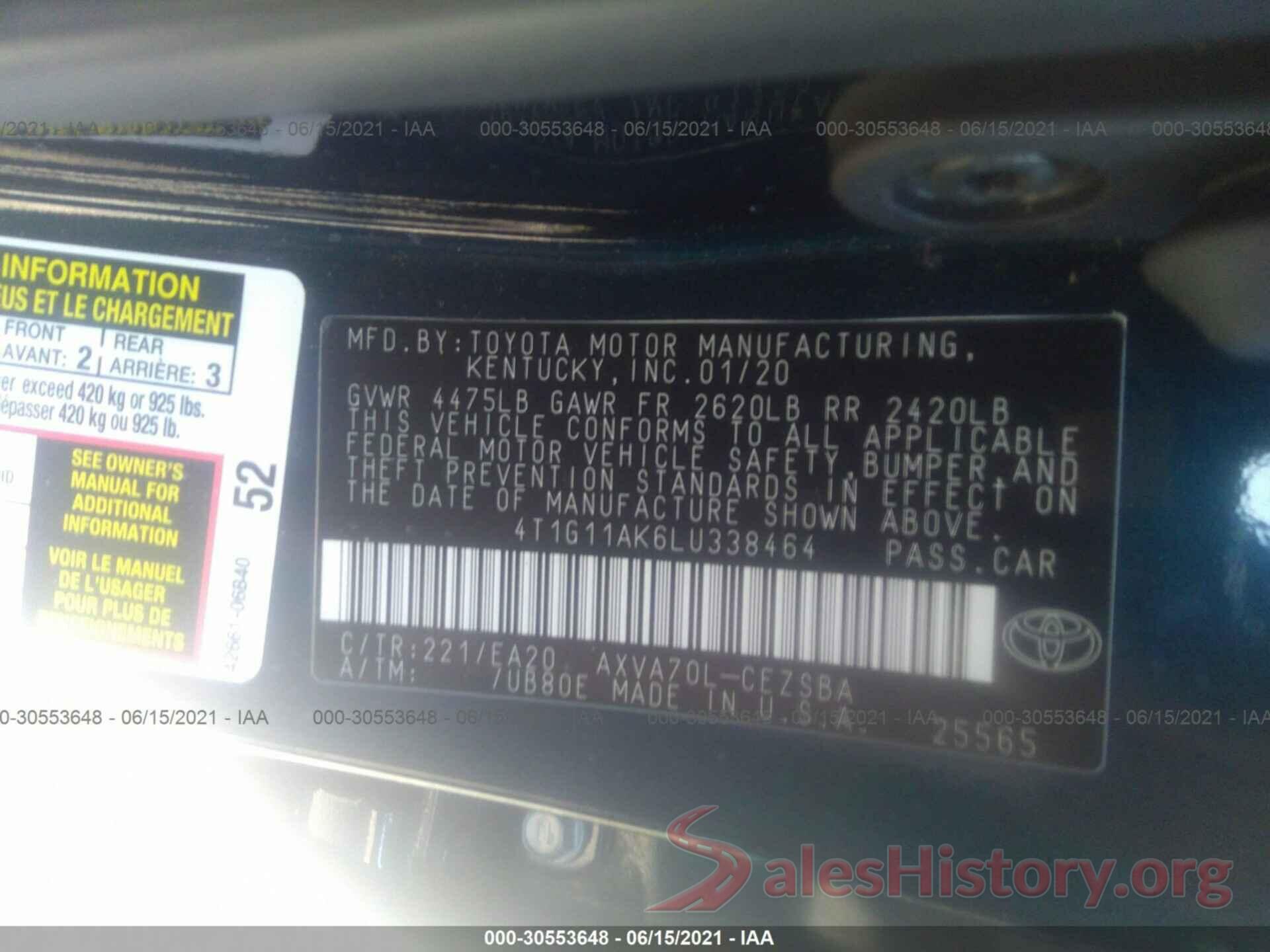 4T1G11AK6LU338464 2020 TOYOTA CAMRY