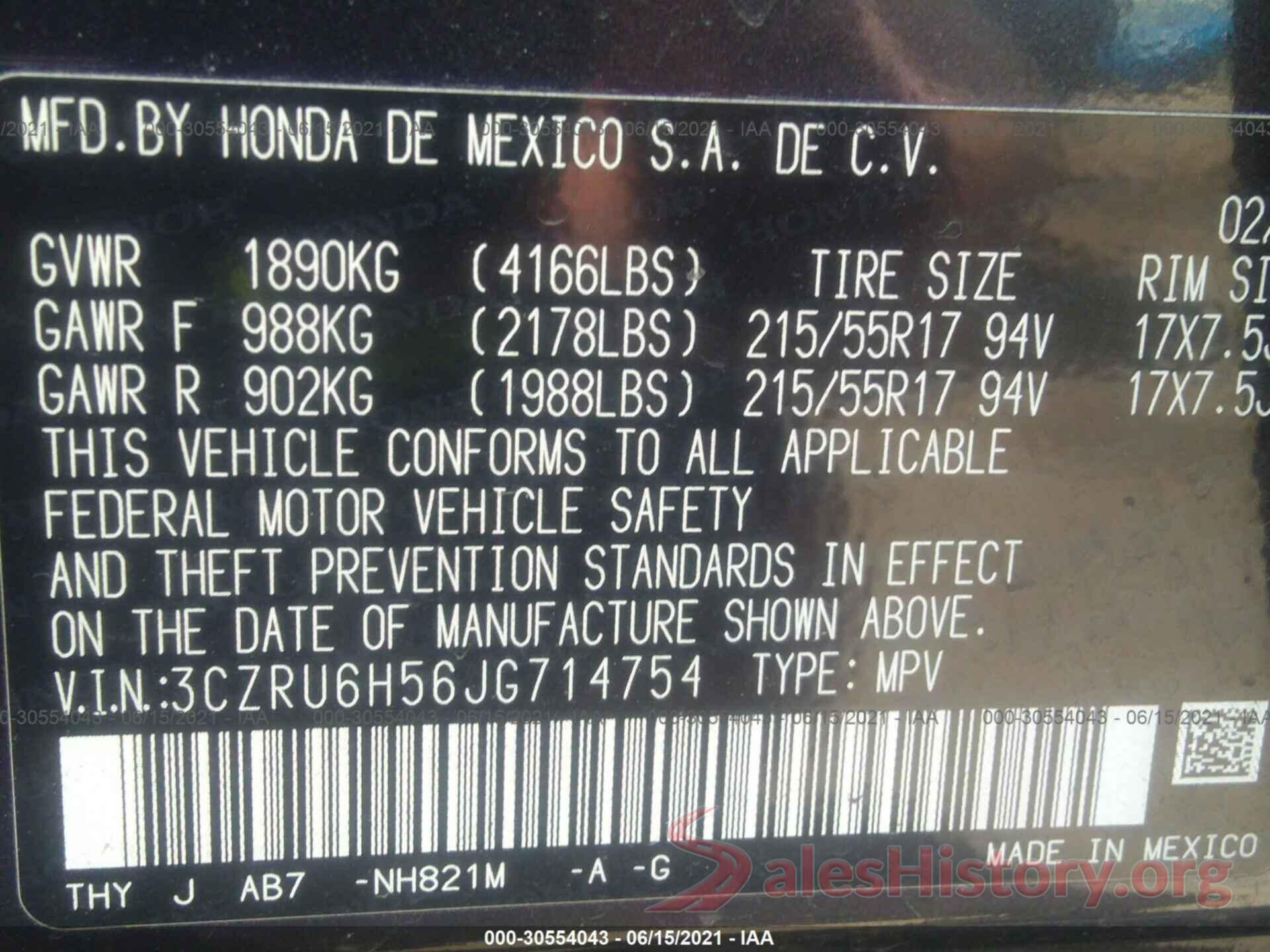 3CZRU6H56JG714754 2018 HONDA HR-V