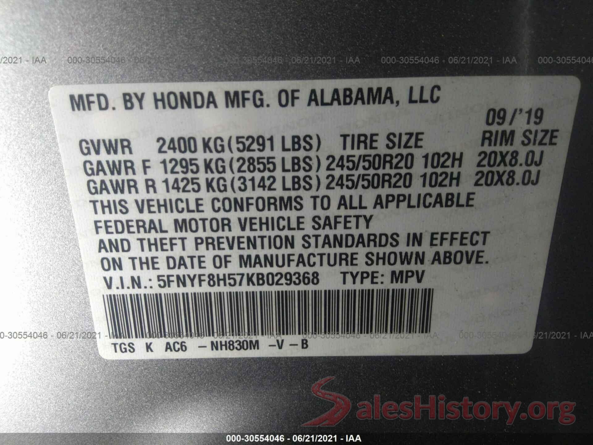 5FNYF8H57KB029368 2019 HONDA PASSPORT