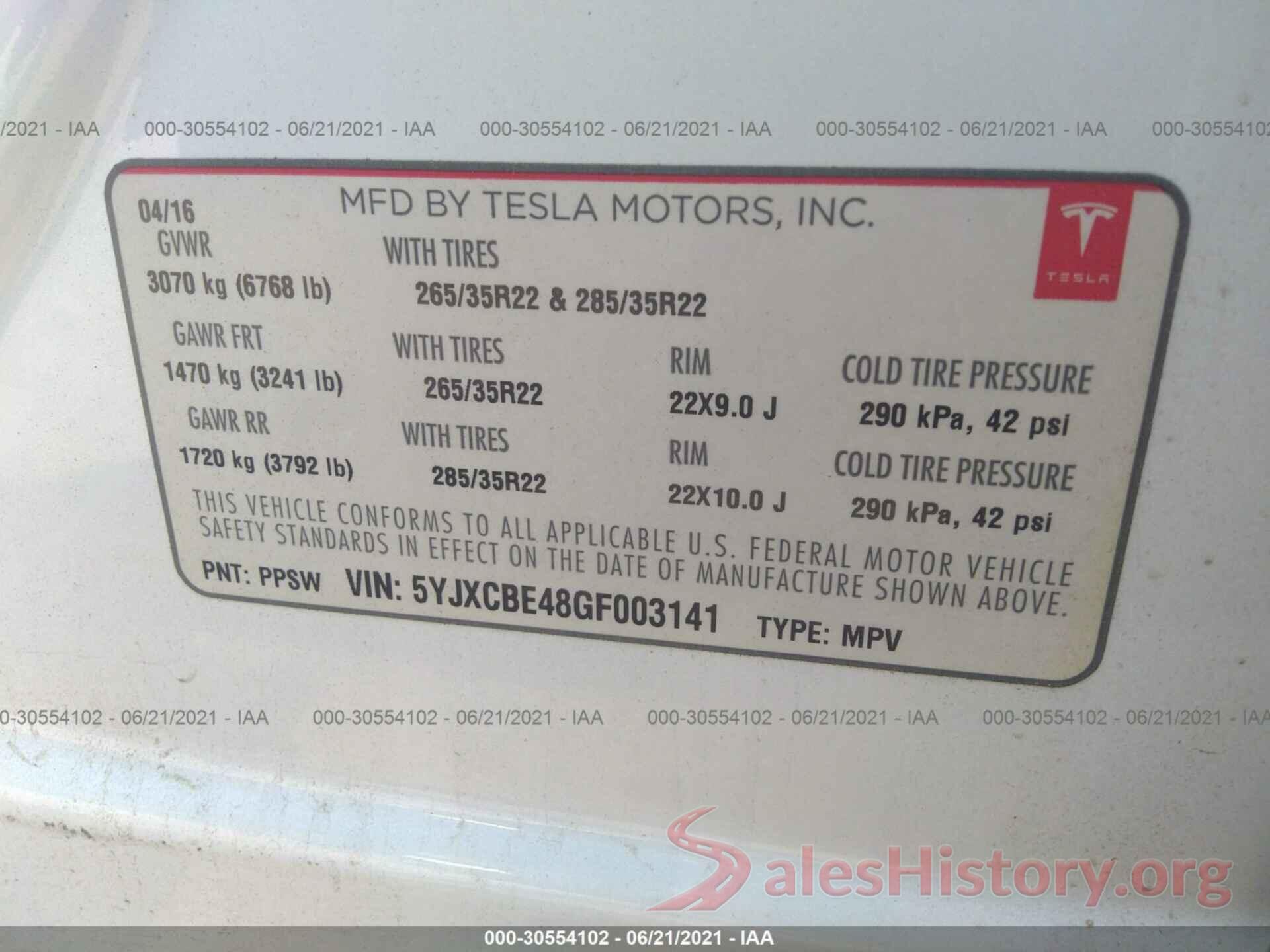 5YJXCBE48GF003141 2016 TESLA MODEL X