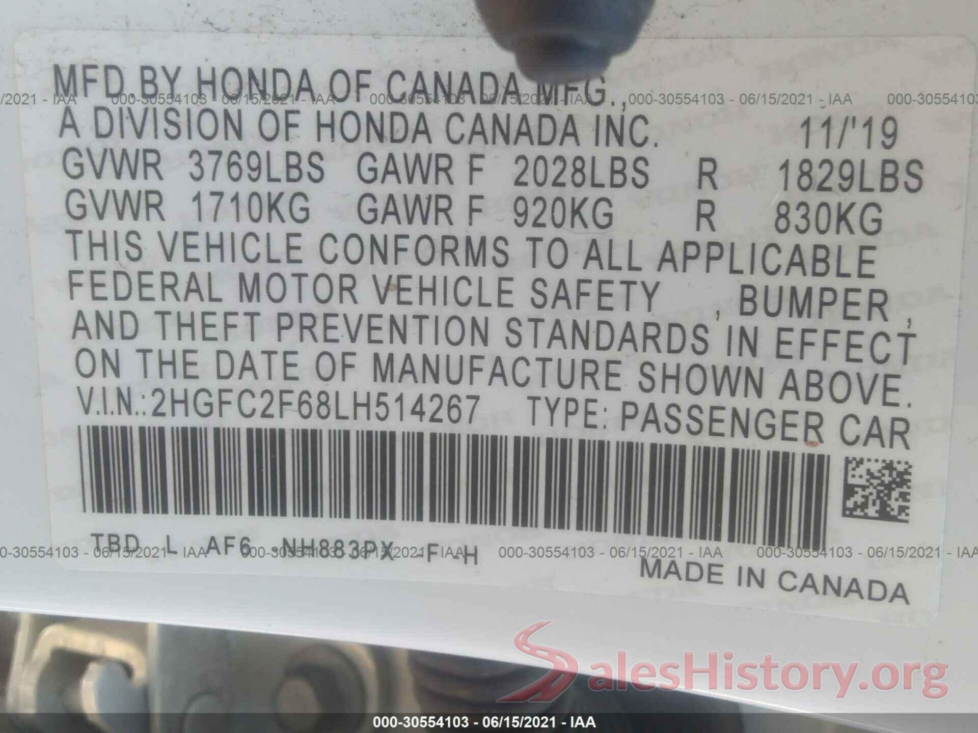 2HGFC2F68LH514267 2020 HONDA CIVIC SEDAN