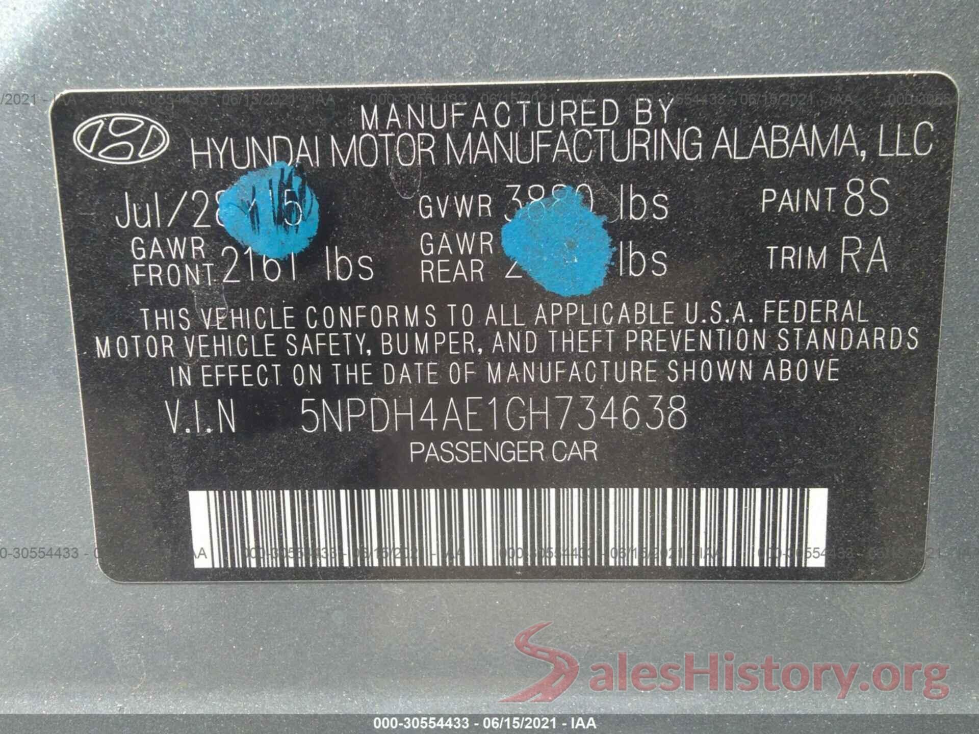 5NPDH4AE1GH734638 2016 HYUNDAI ELANTRA