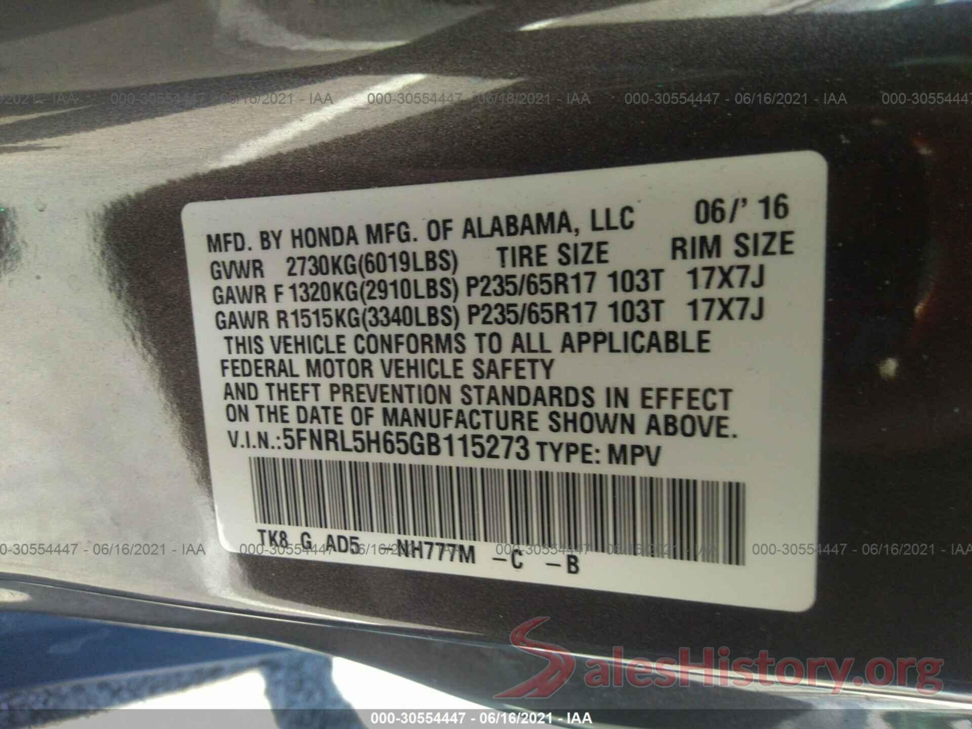 5FNRL5H65GB115273 2016 HONDA ODYSSEY