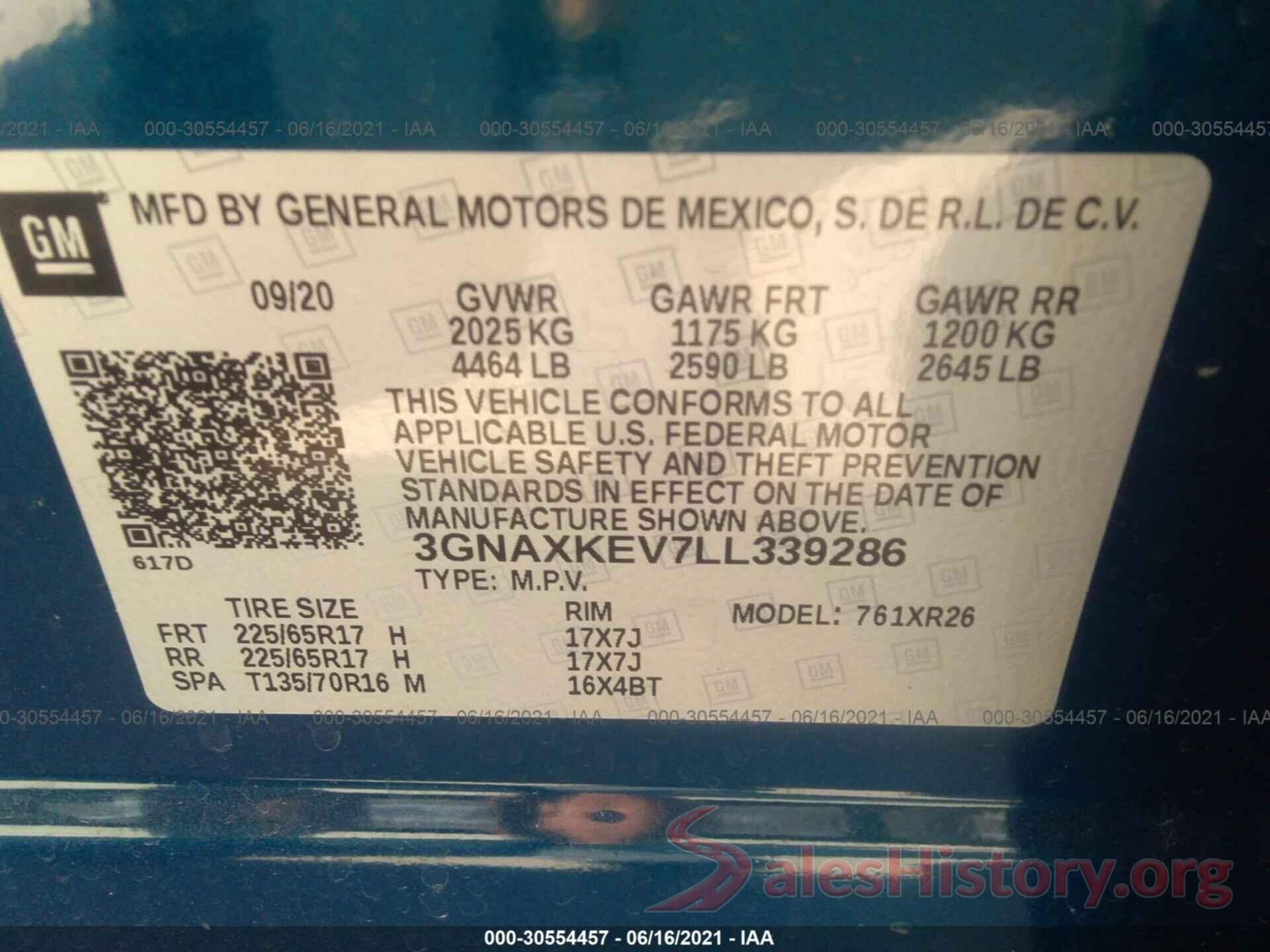 3GNAXKEV7LL339286 2020 CHEVROLET EQUINOX