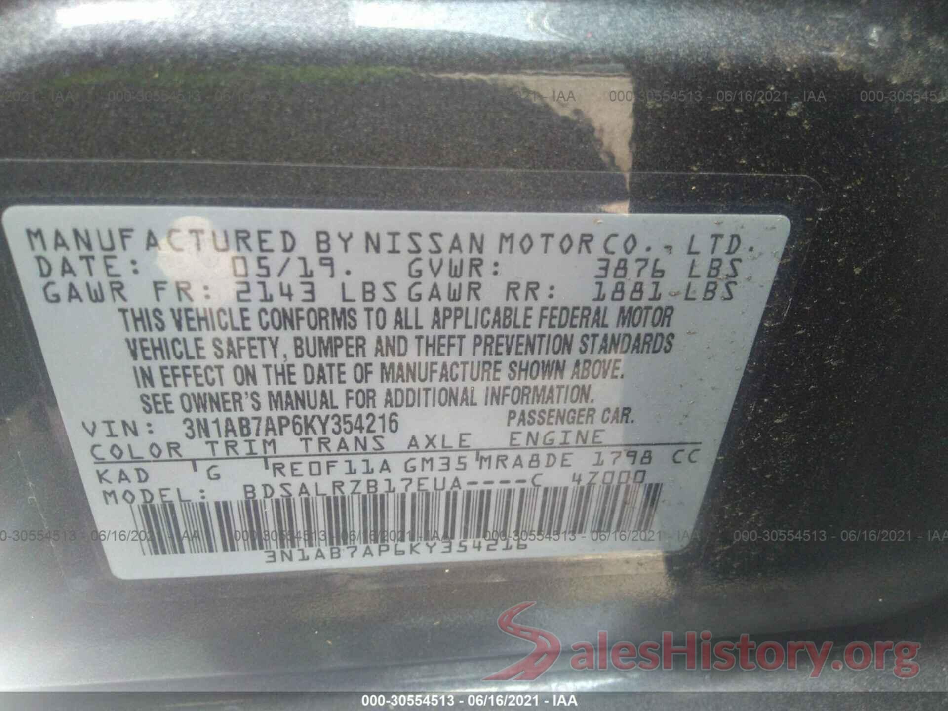 3N1AB7AP6KY354216 2019 NISSAN SENTRA