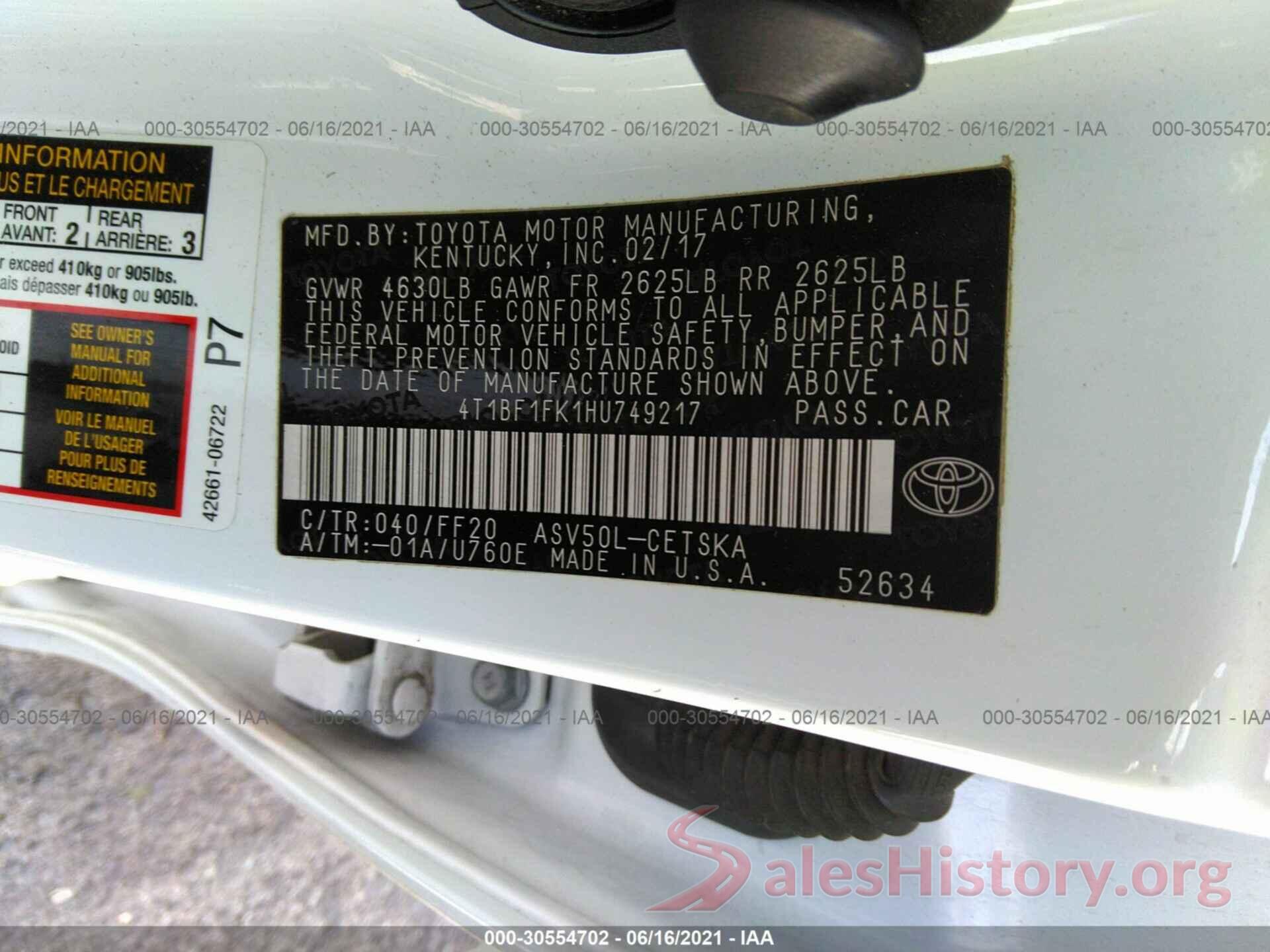 4T1BF1FK1HU749217 2017 TOYOTA CAMRY