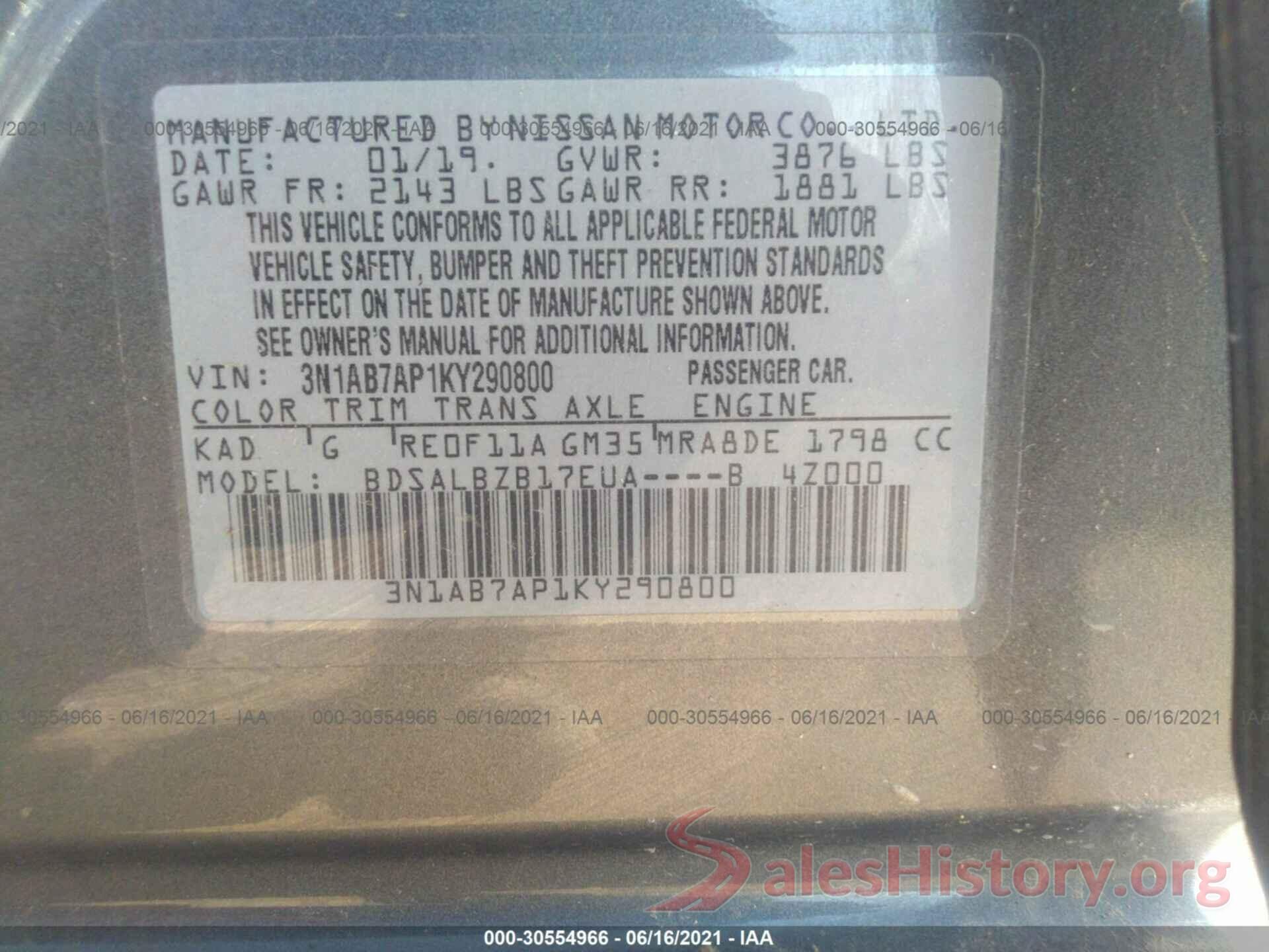 3N1AB7AP1KY290800 2019 NISSAN SENTRA