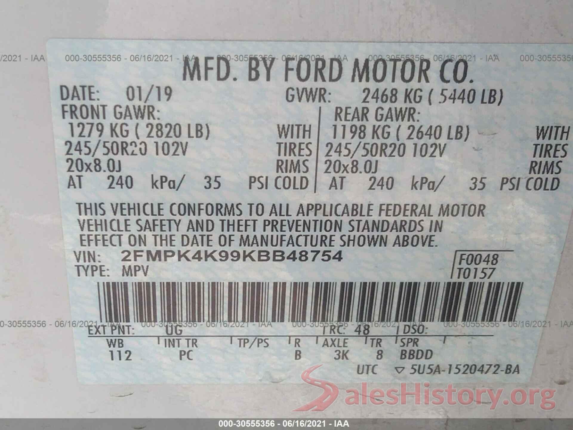 2FMPK4K99KBB48754 2019 FORD EDGE