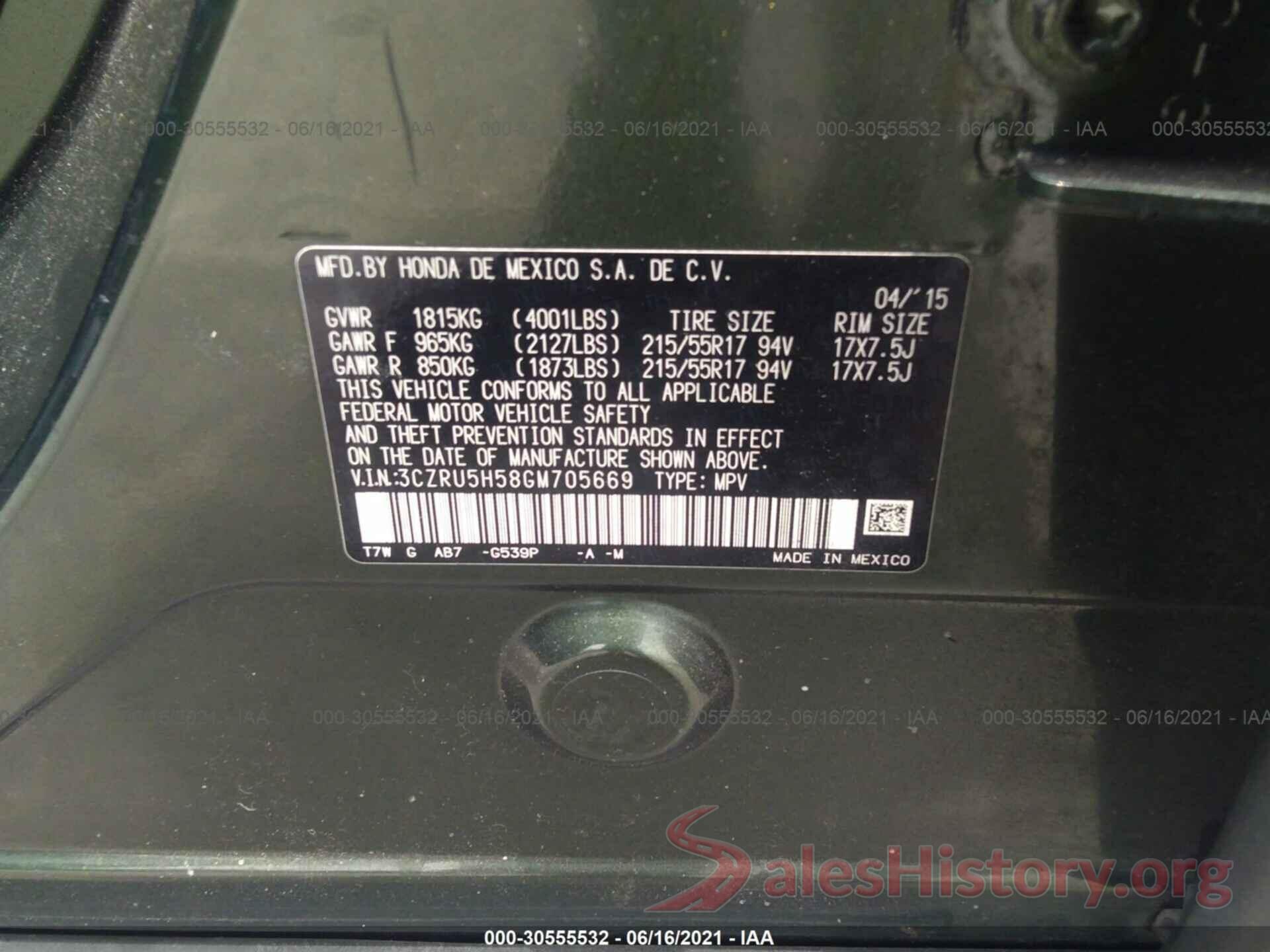 3CZRU5H58GM705669 2016 HONDA HR-V