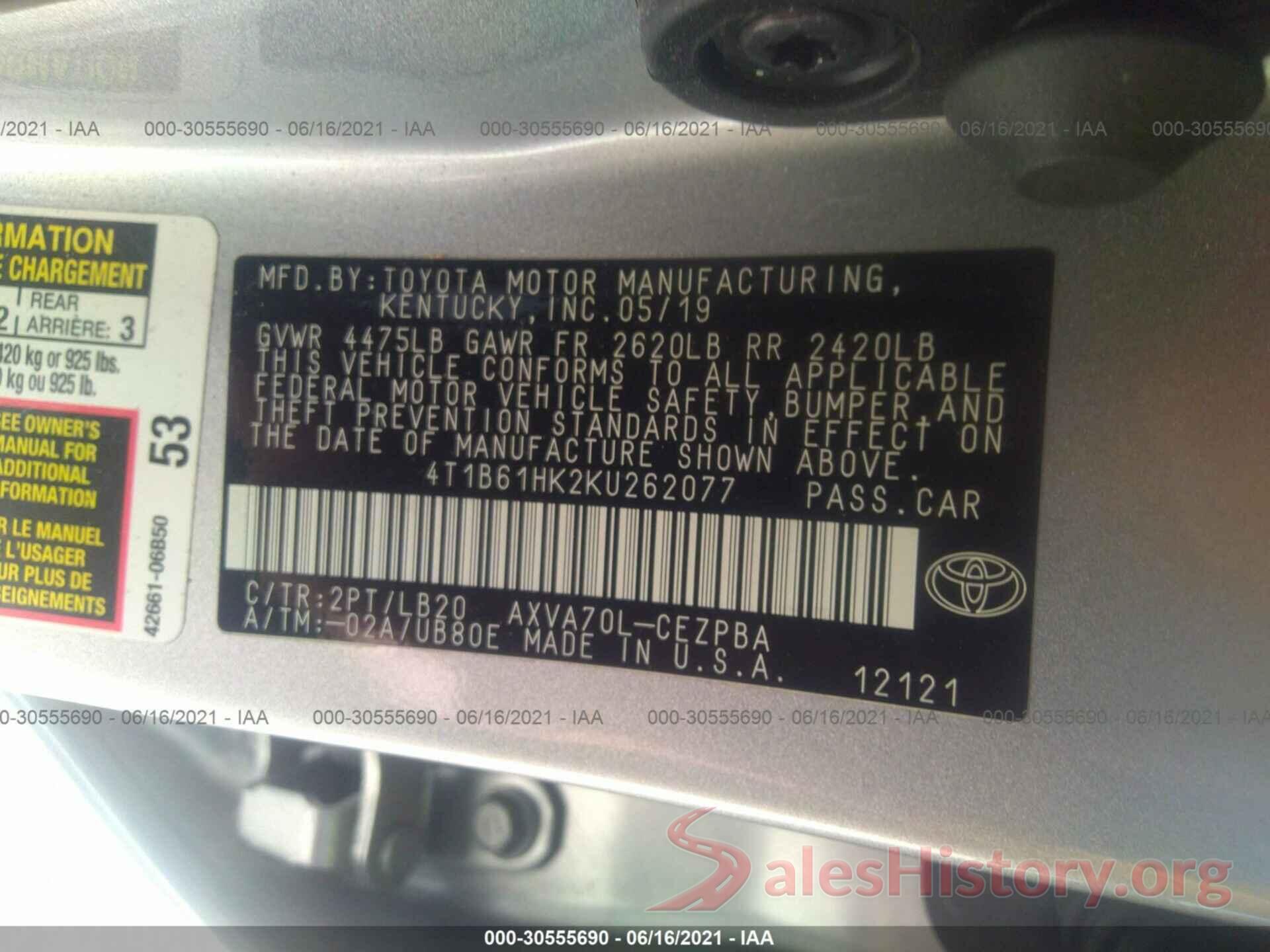 4T1B61HK2KU262077 2019 TOYOTA CAMRY