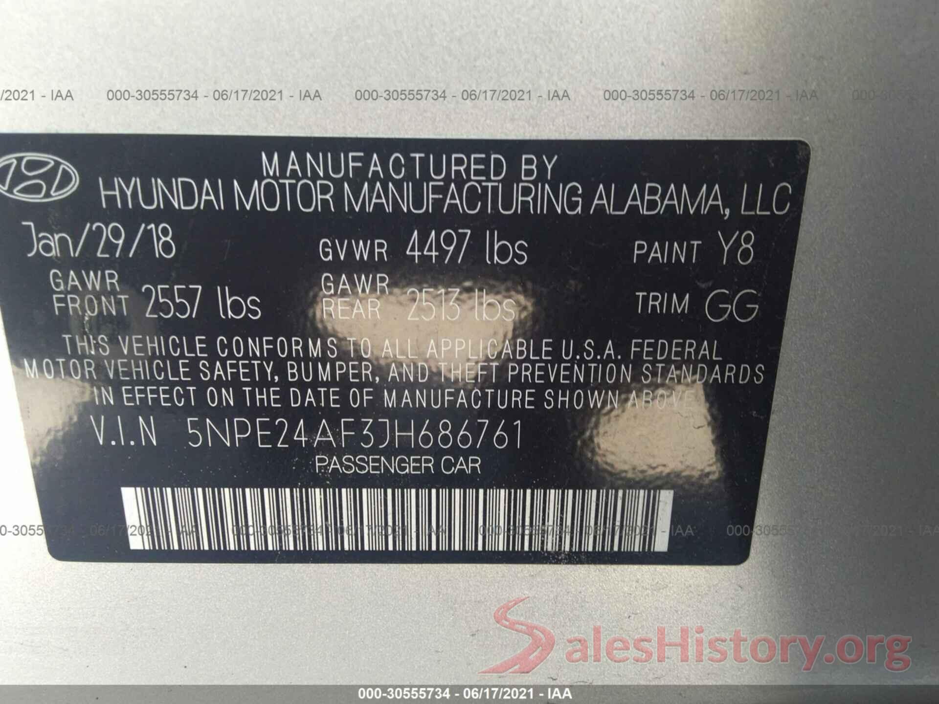 5NPE24AF3JH686761 2018 HYUNDAI SONATA