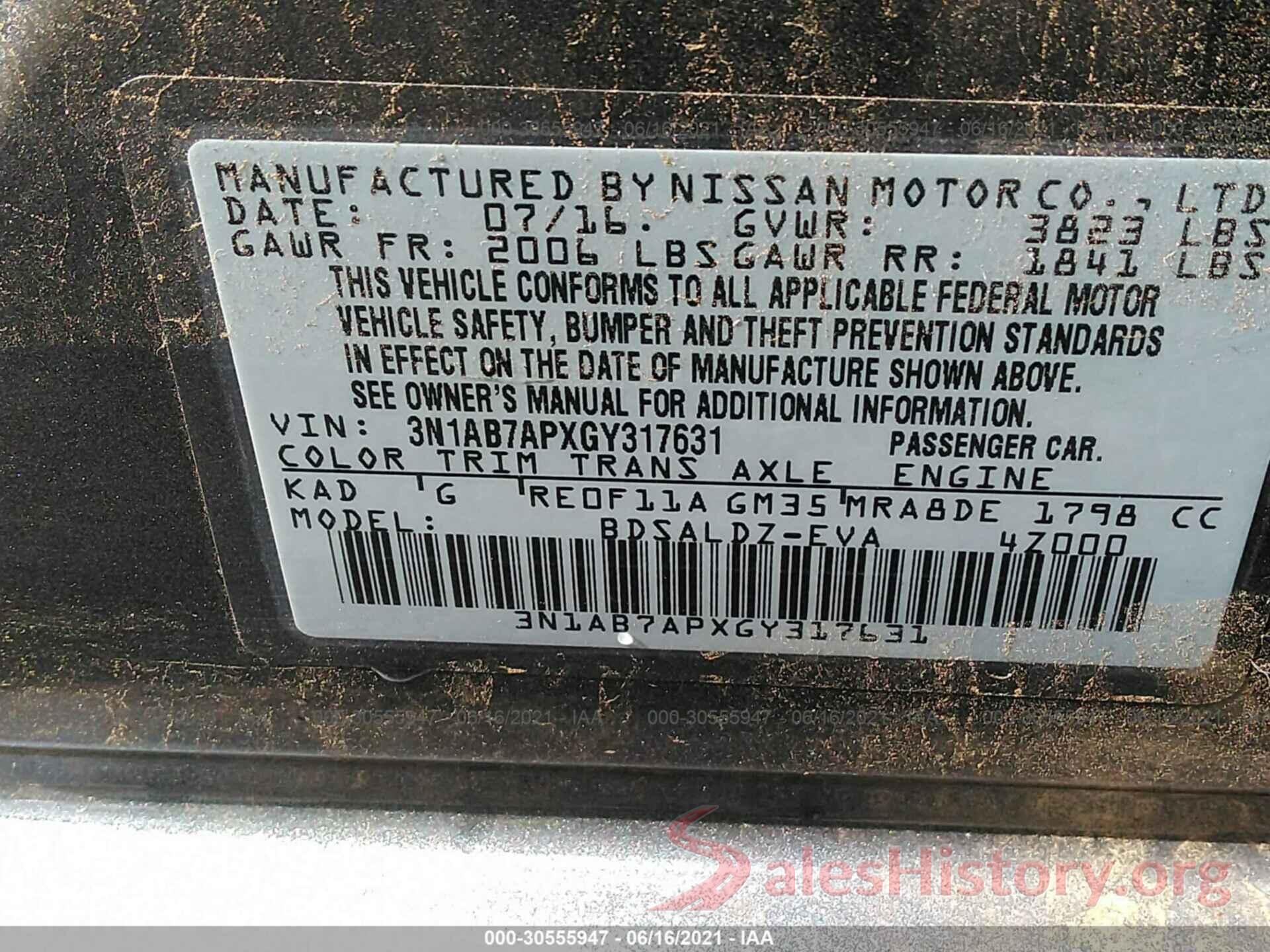 3N1AB7APXGY317631 2016 NISSAN SENTRA