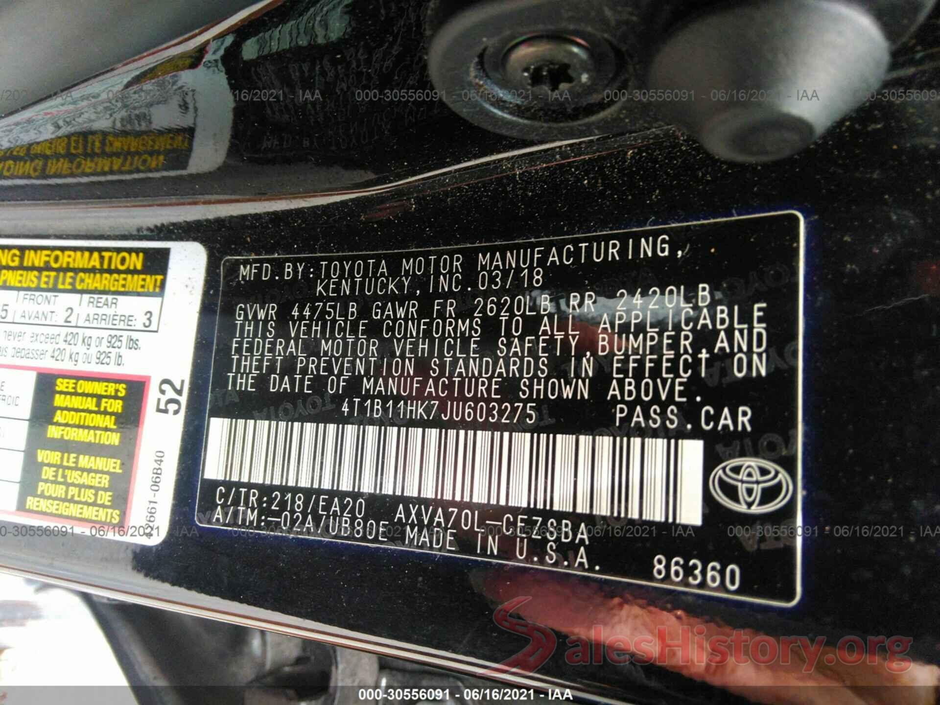 4T1B11HK7JU603275 2018 TOYOTA CAMRY