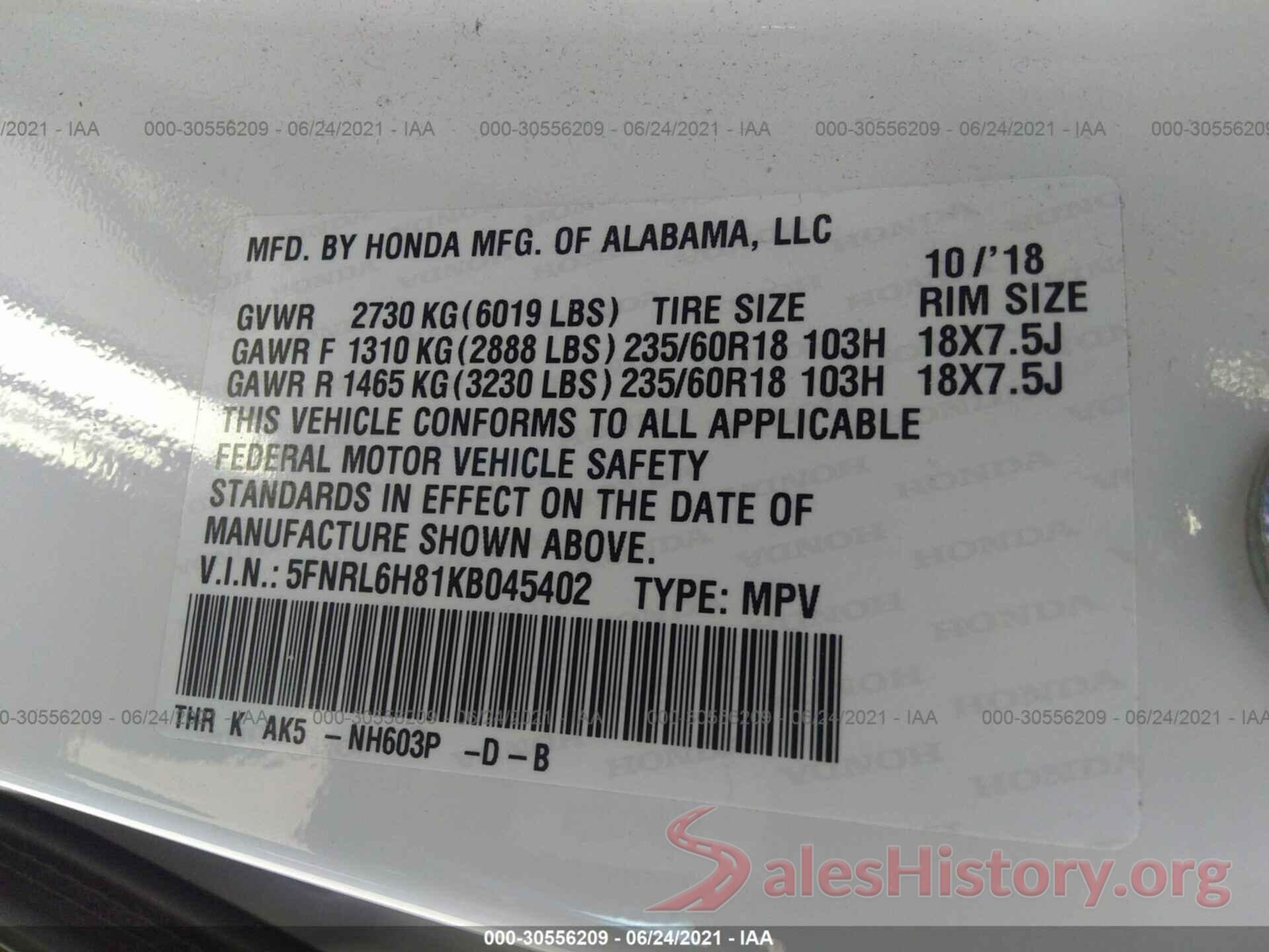 5FNRL6H81KB045402 2019 HONDA ODYSSEY