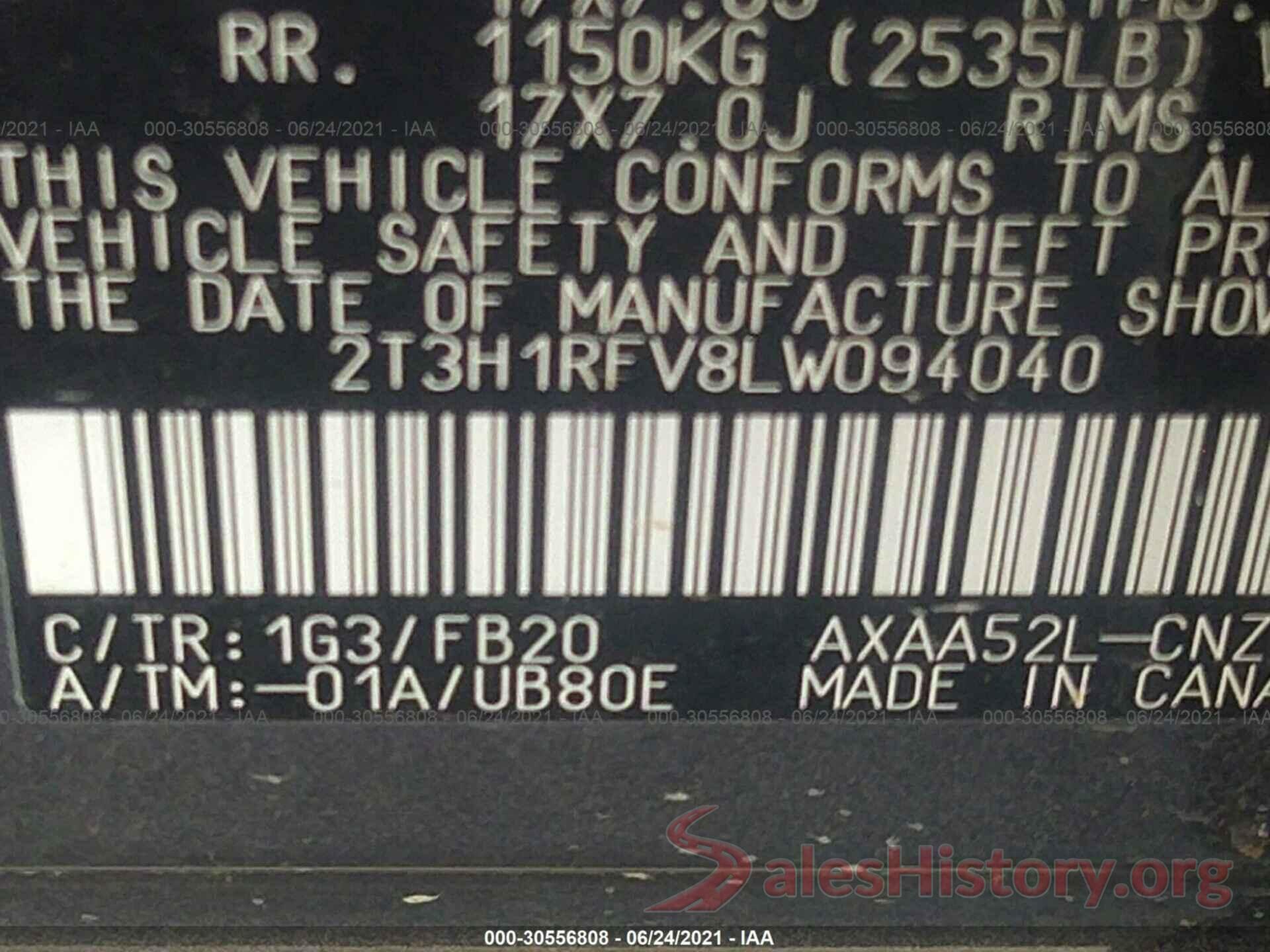 2T3H1RFV8LW094040 2020 TOYOTA RAV4