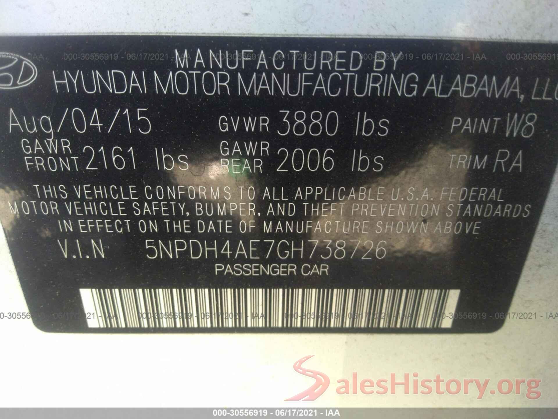 5NPDH4AE7GH738726 2016 HYUNDAI ELANTRA