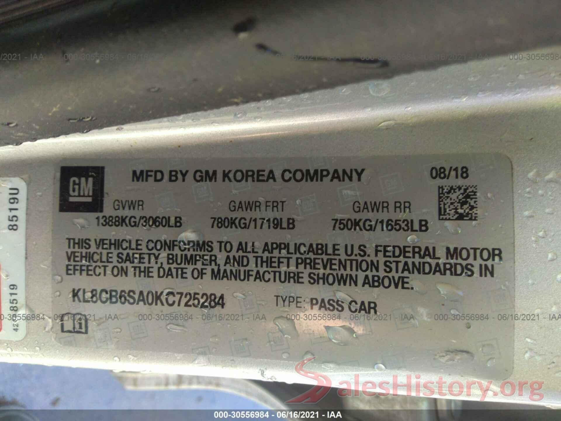 KL8CB6SA0KC725284 2019 CHEVROLET SPARK