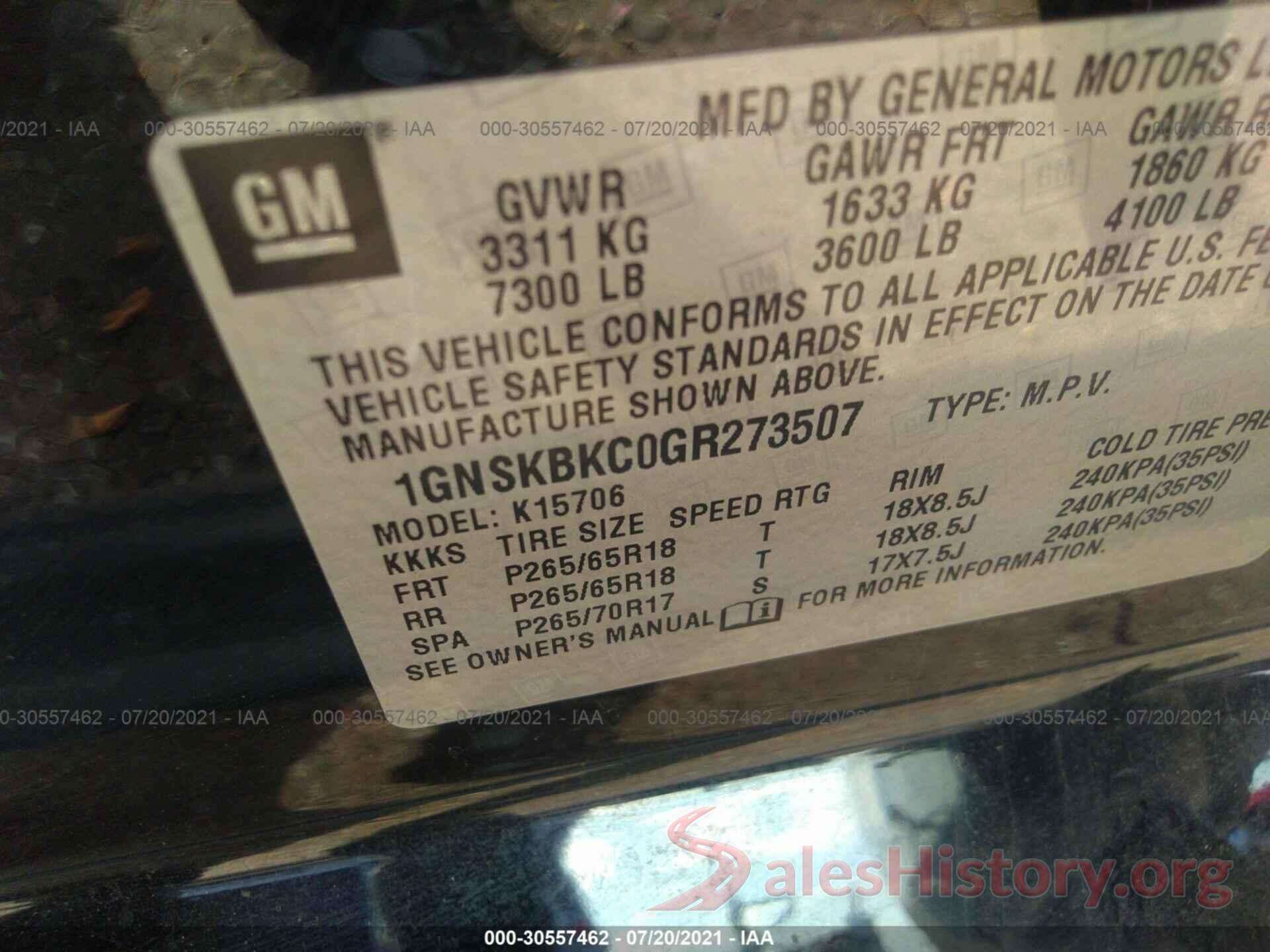 1GNSKBKC0GR273507 2016 CHEVROLET TAHOE