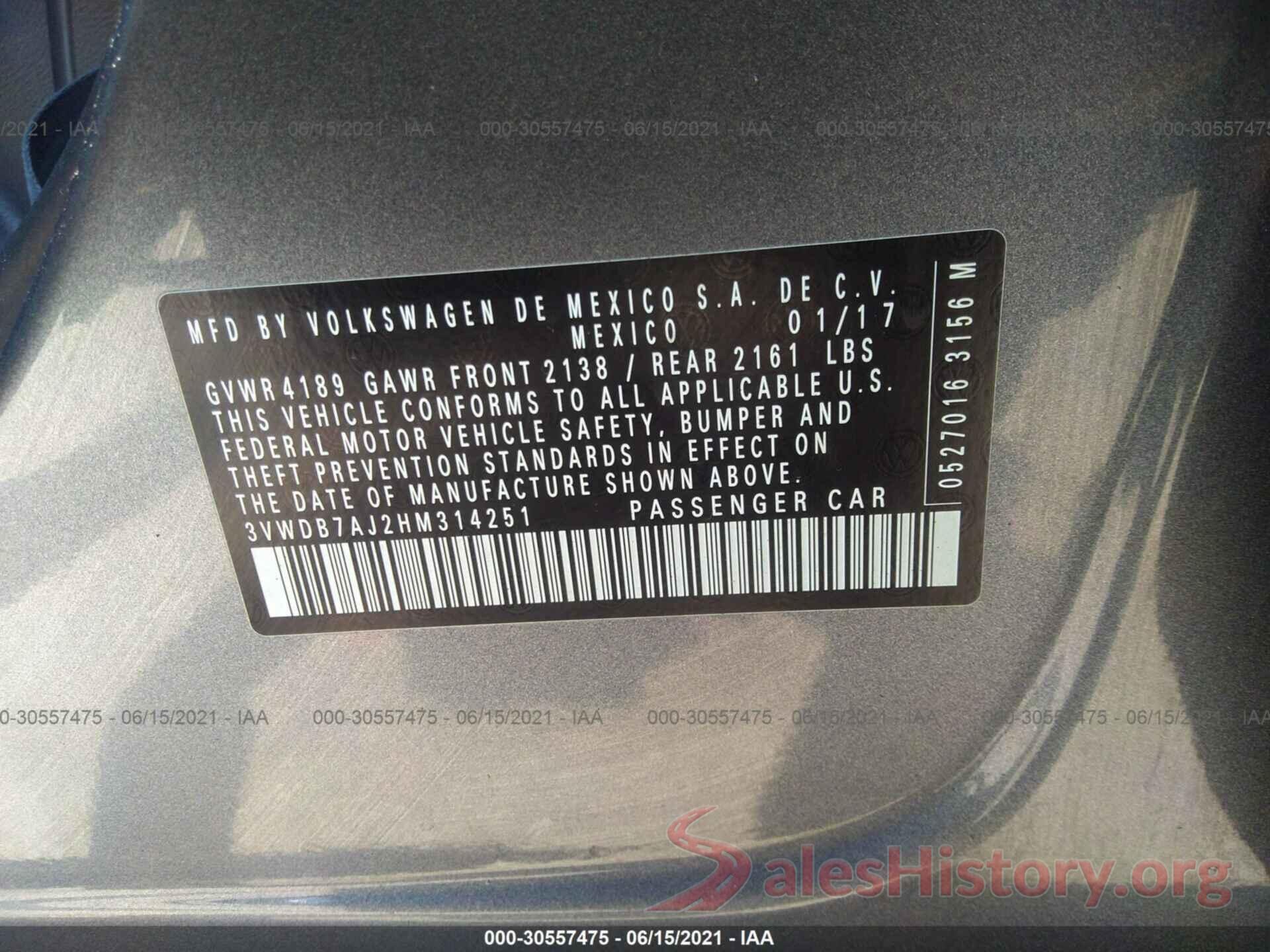 3VWDB7AJ2HM314251 2017 VOLKSWAGEN JETTA