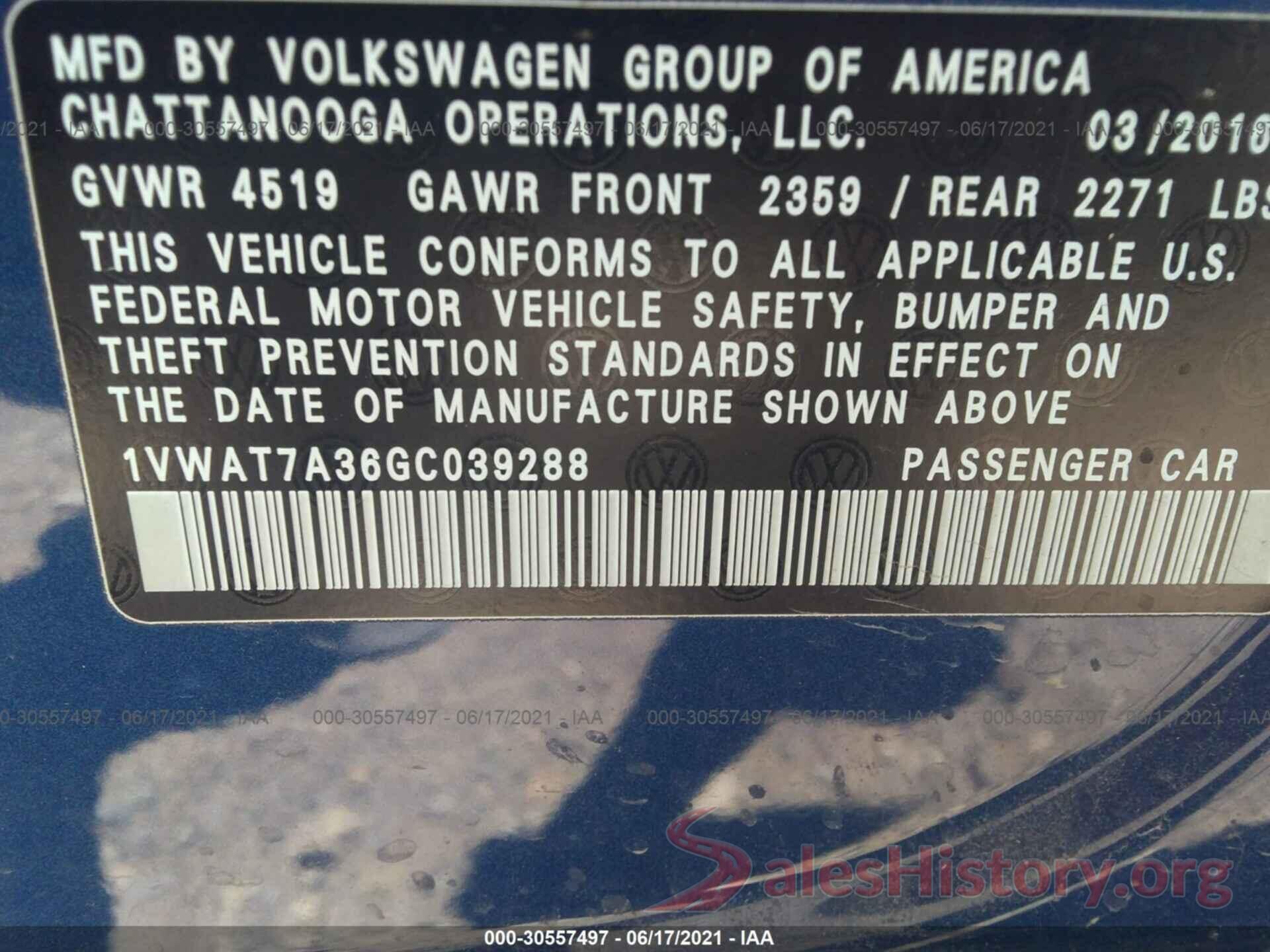 1VWAT7A36GC039288 2016 VOLKSWAGEN PASSAT