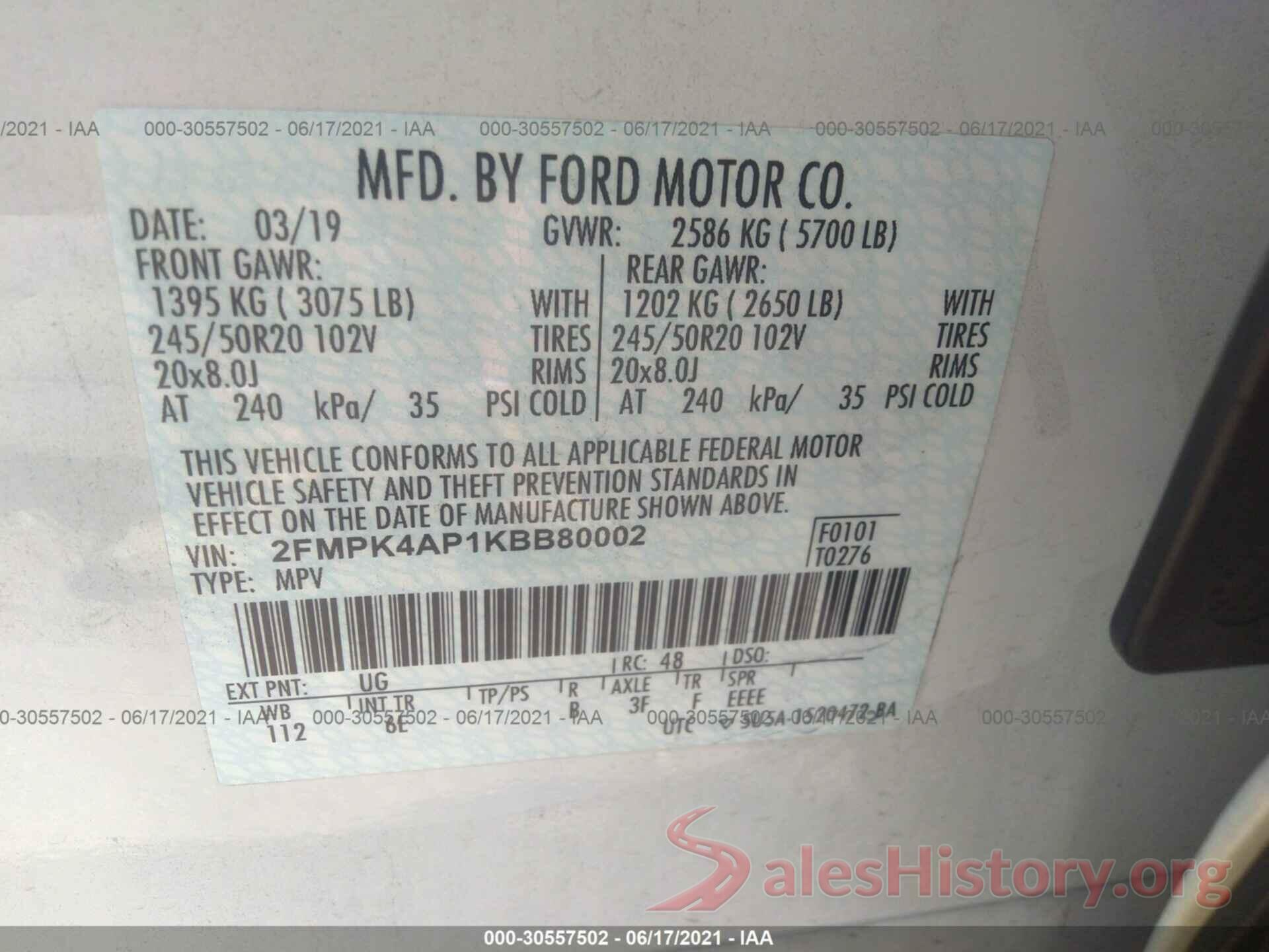 2FMPK4AP1KBB80002 2019 FORD EDGE