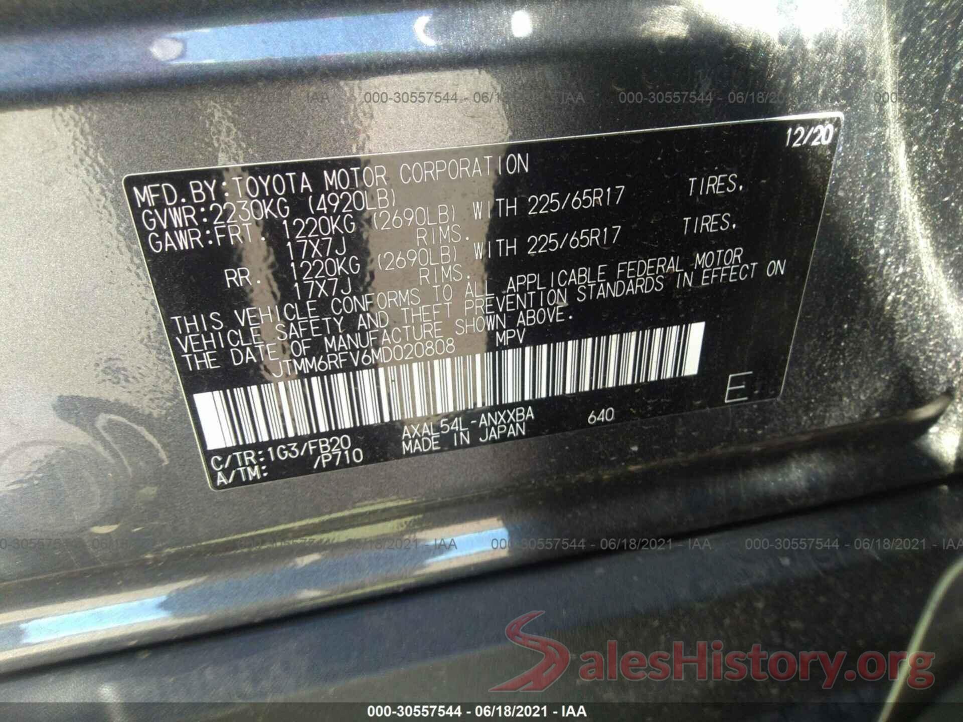 JTMM6RFV6MD020808 2021 TOYOTA RAV4