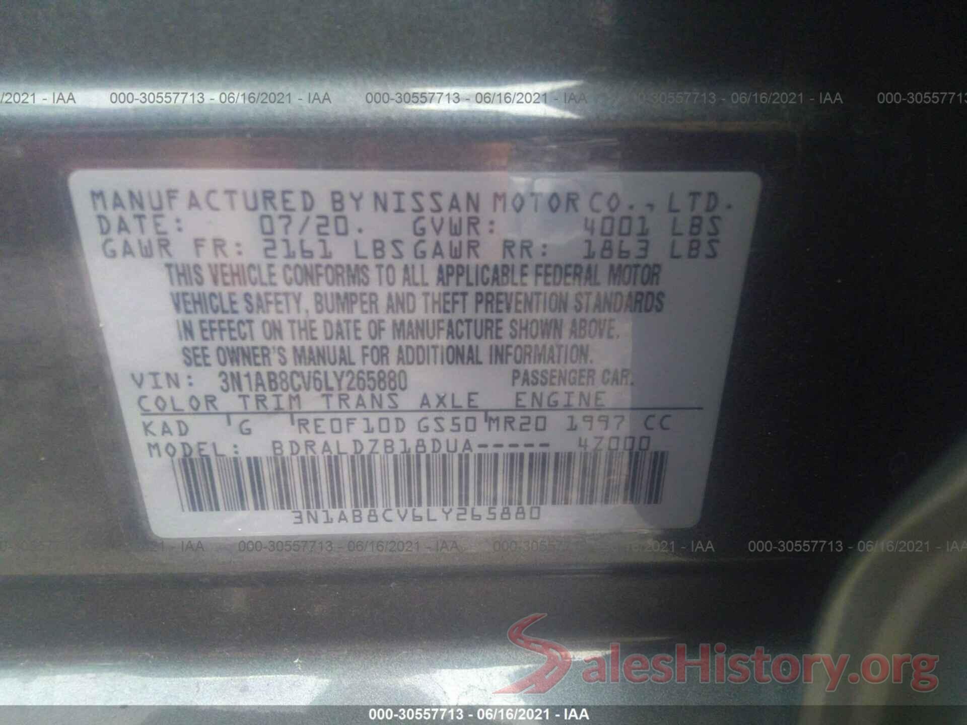 3N1AB8CV6LY265880 2020 NISSAN SENTRA