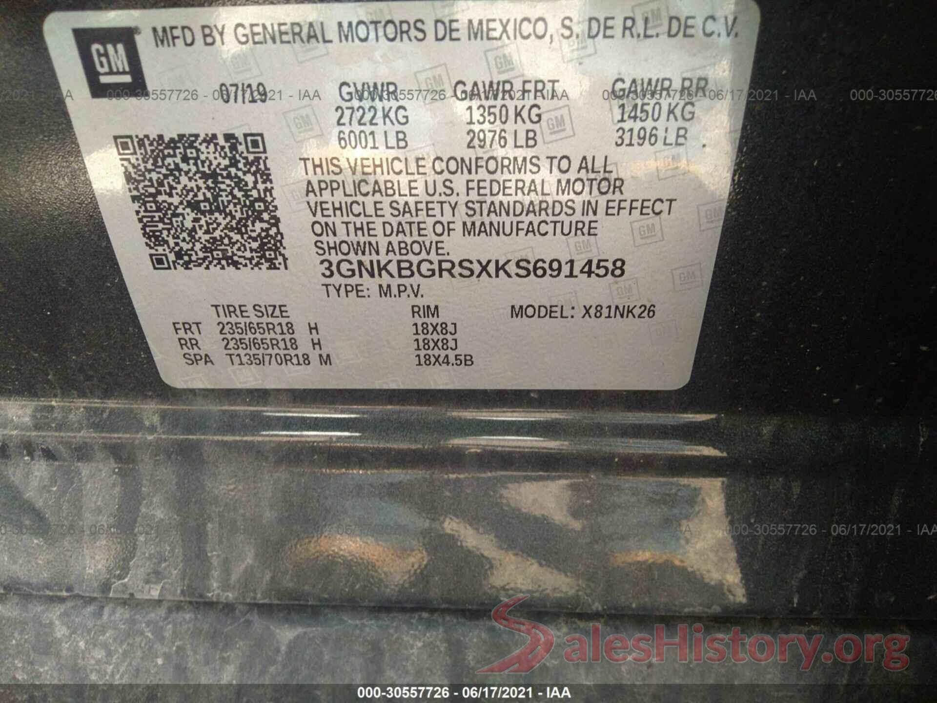 3GNKBGRSXKS691458 2019 CHEVROLET BLAZER