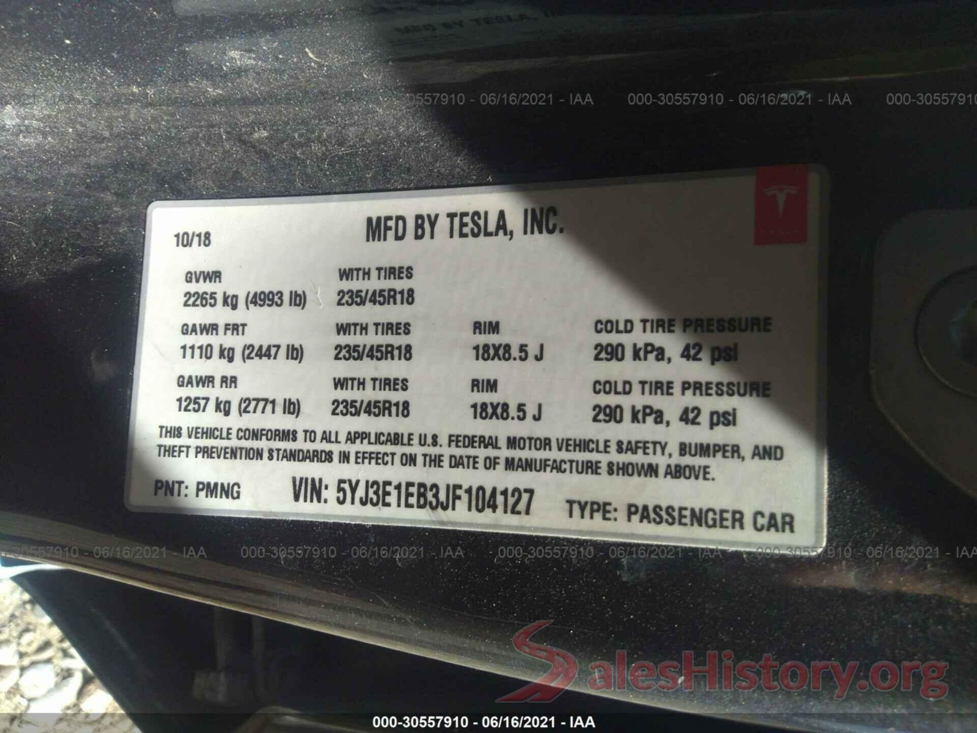 5YJ3E1EB3JF104127 2018 TESLA MODEL 3