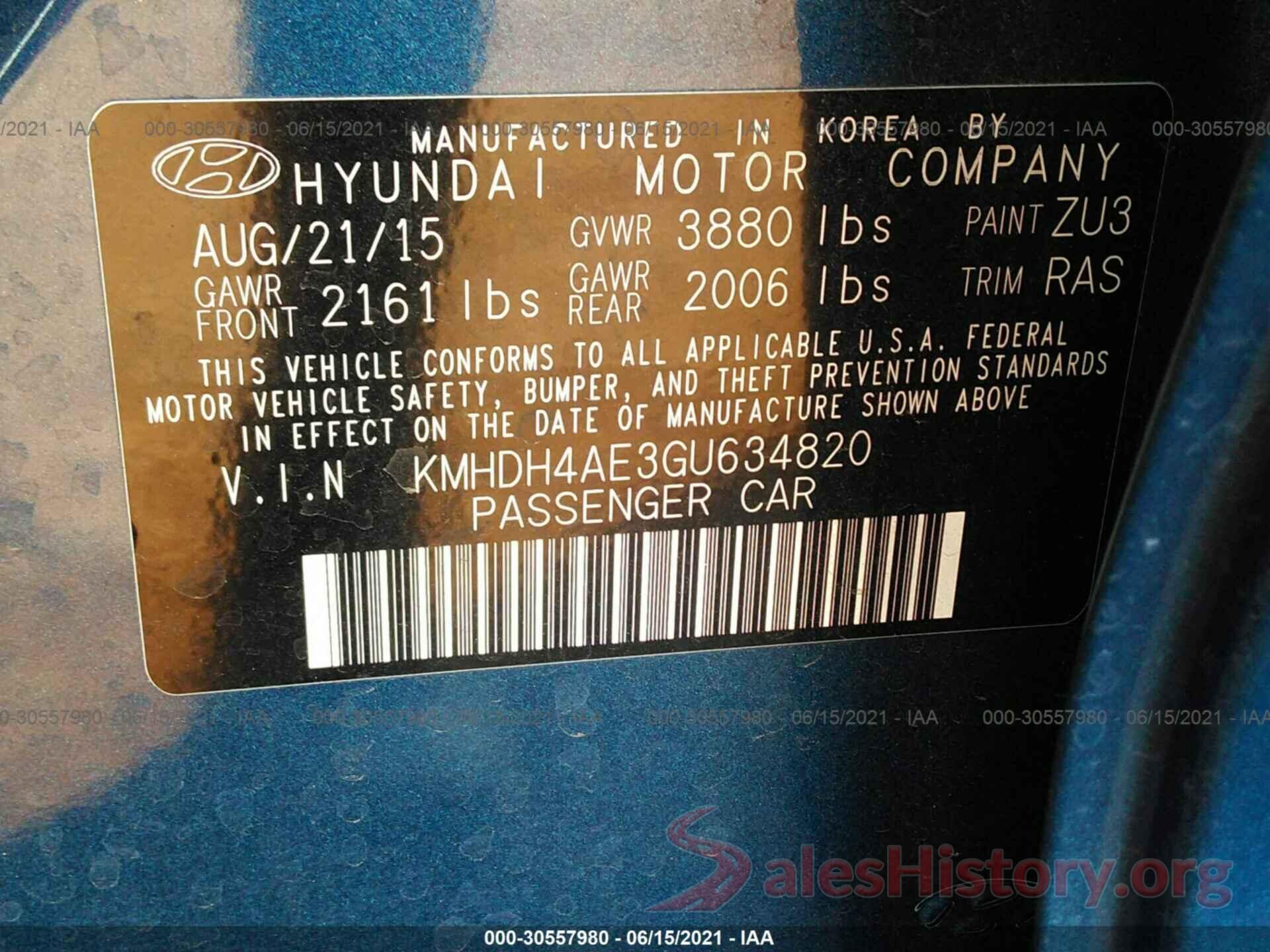 KMHDH4AE3GU634820 2016 HYUNDAI ELANTRA