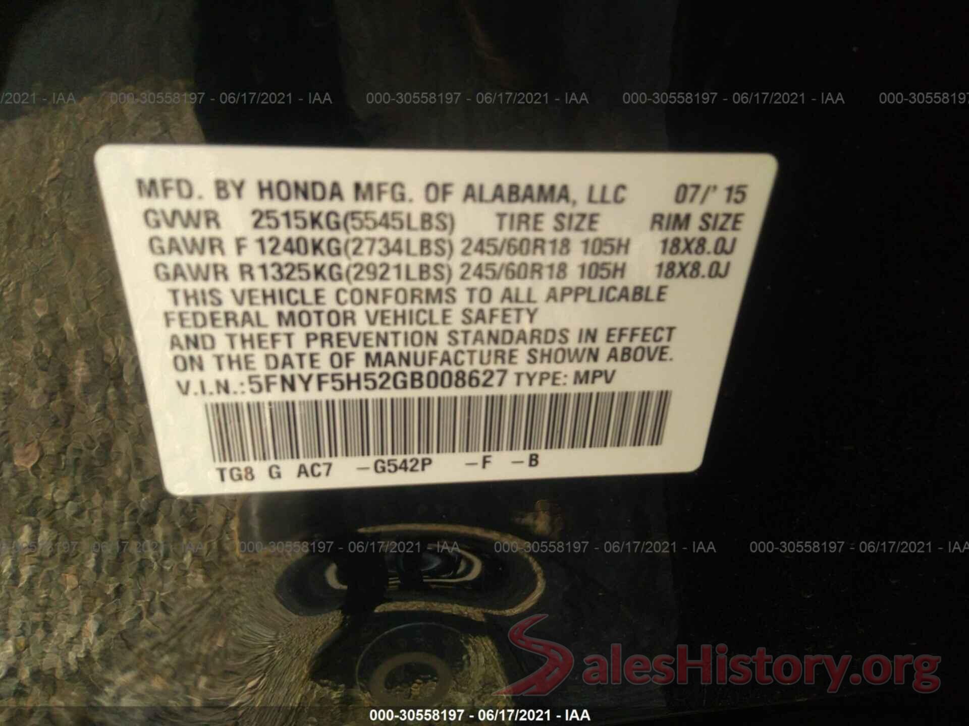 5FNYF5H52GB008627 2016 HONDA PILOT