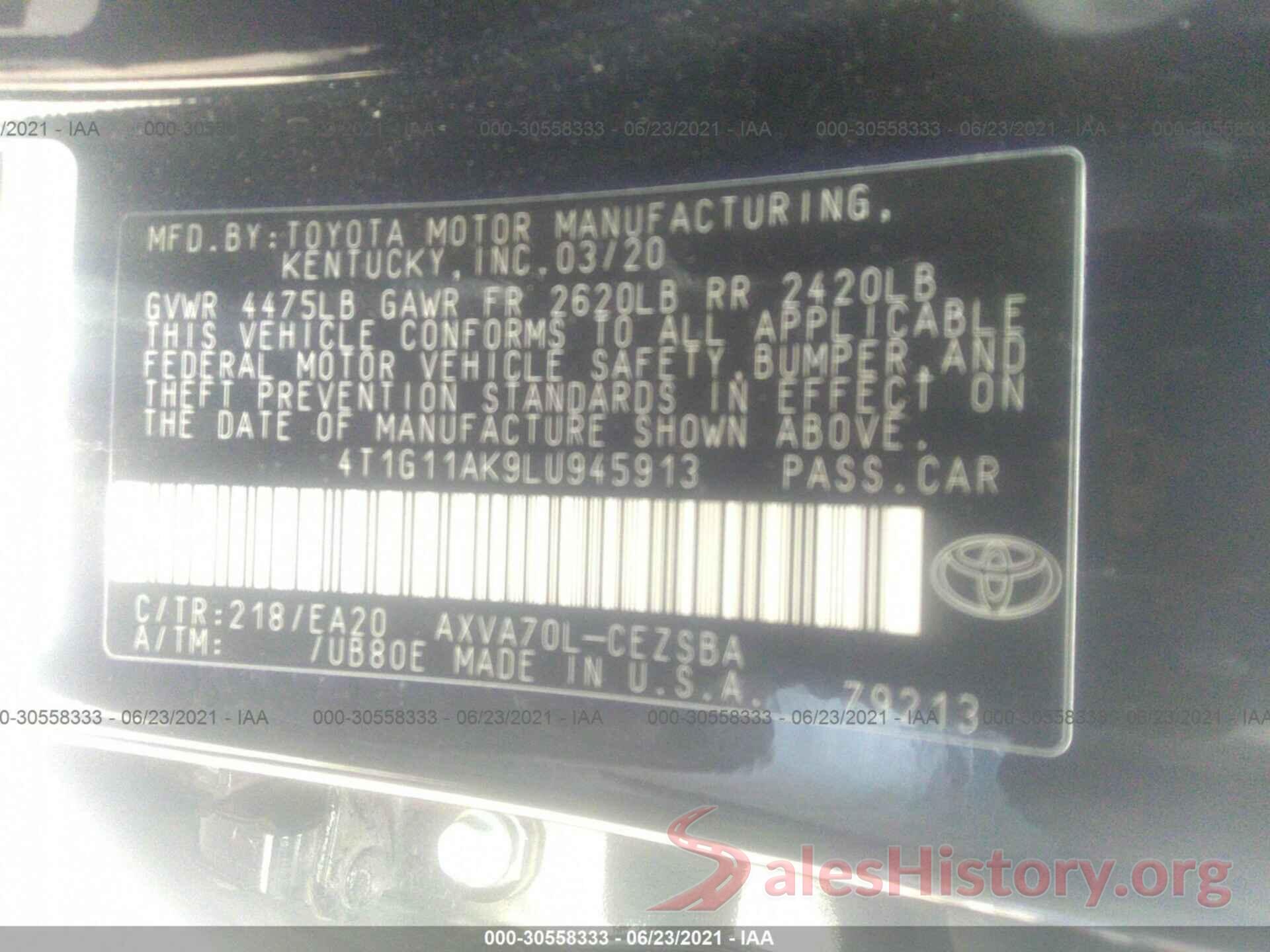 4T1G11AK9LU945913 2020 TOYOTA CAMRY