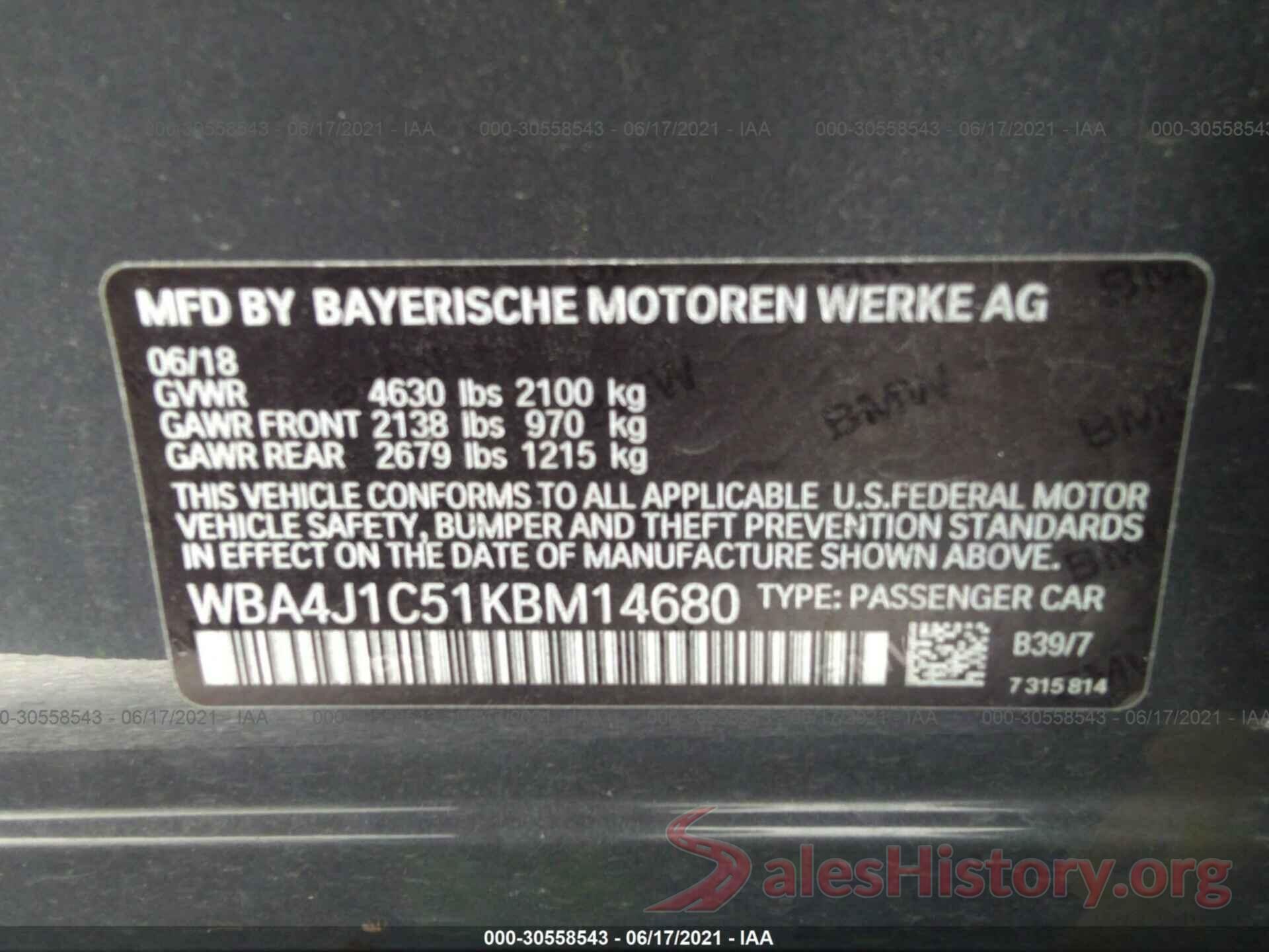 WBA4J1C51KBM14680 2019 BMW 4 SERIES