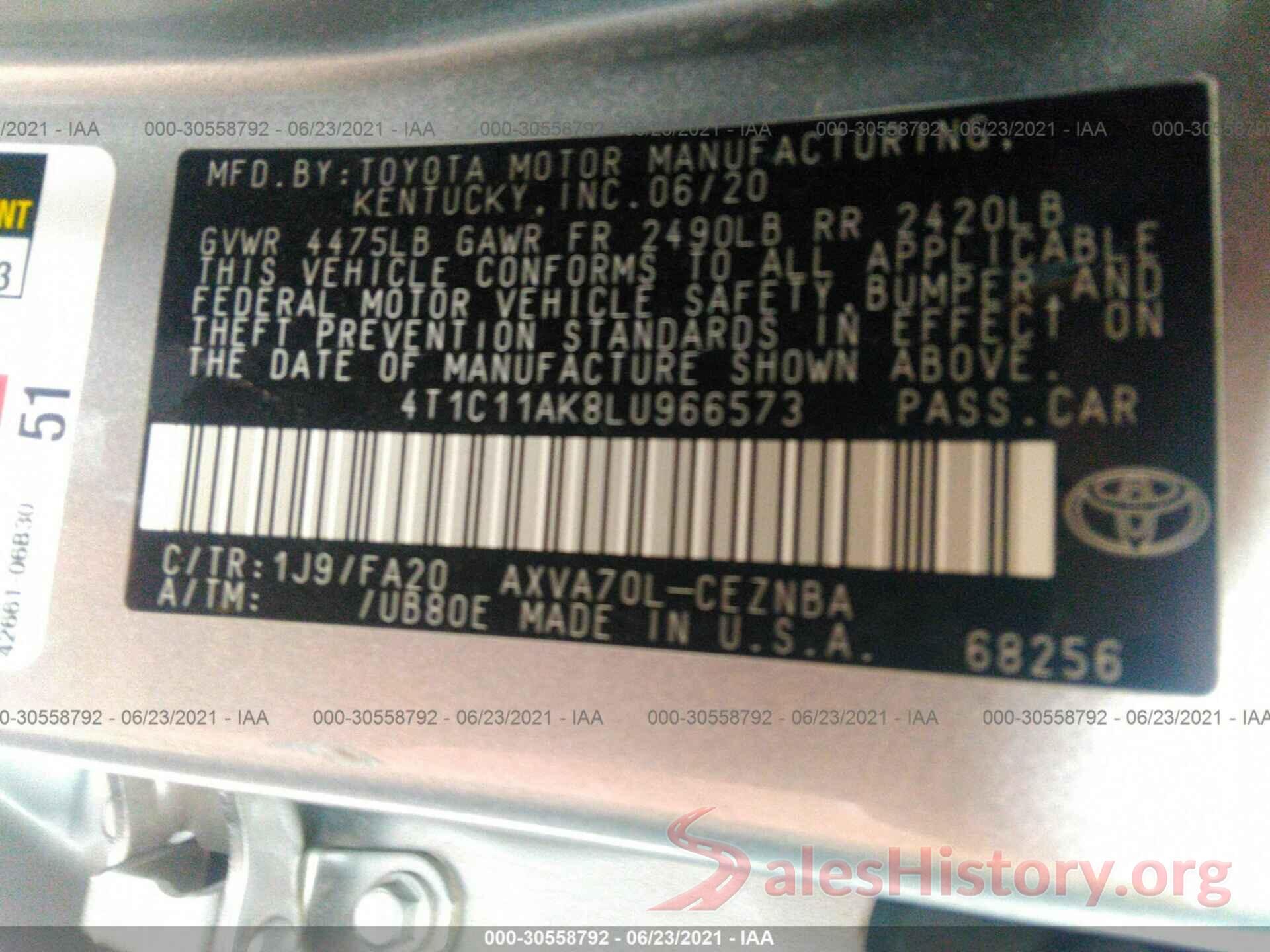 4T1C11AK8LU966573 2020 TOYOTA CAMRY