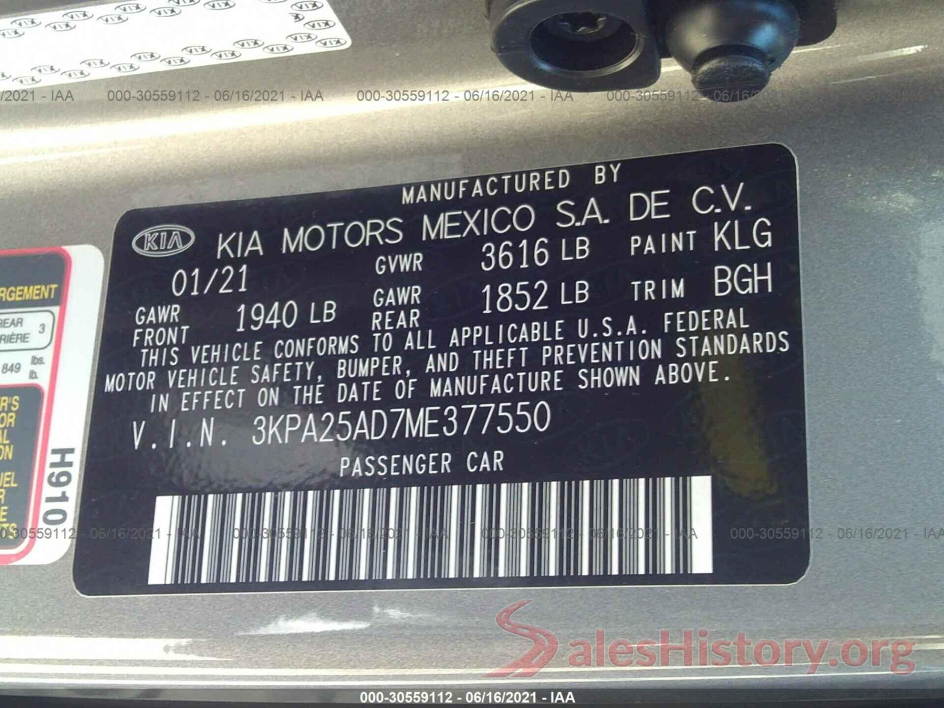 3KPA25AD7ME377550 2021 KIA RIO 5-DOOR