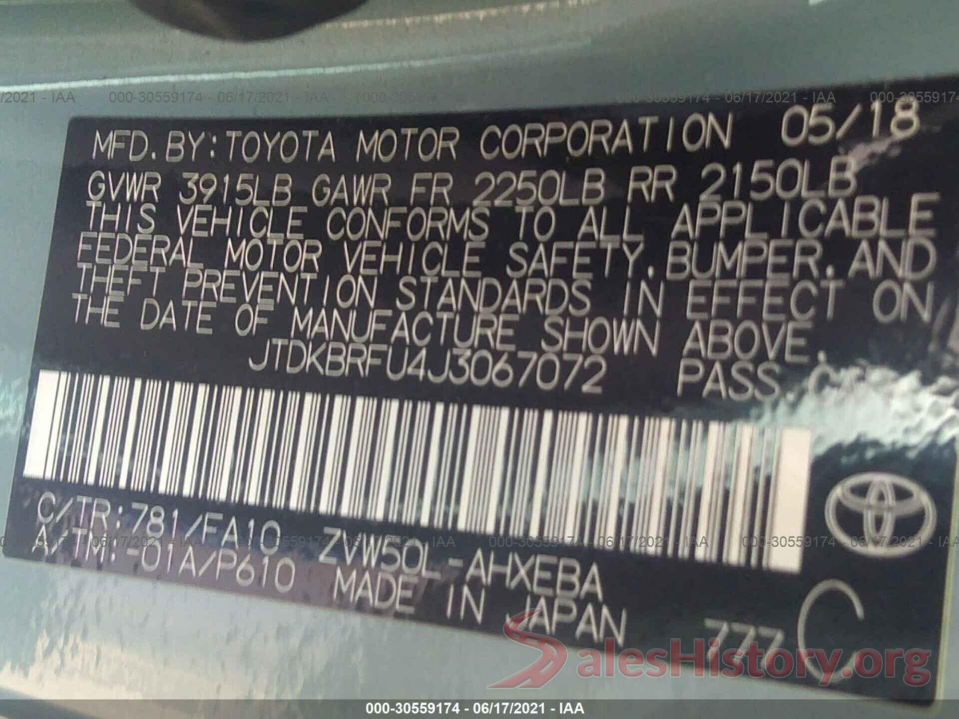 JTDKBRFU4J3067072 2018 TOYOTA PRIUS