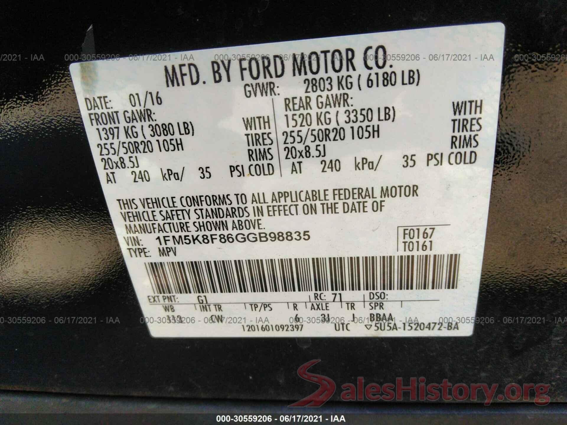 1FM5K8F86GGB98835 2016 FORD EXPLORER