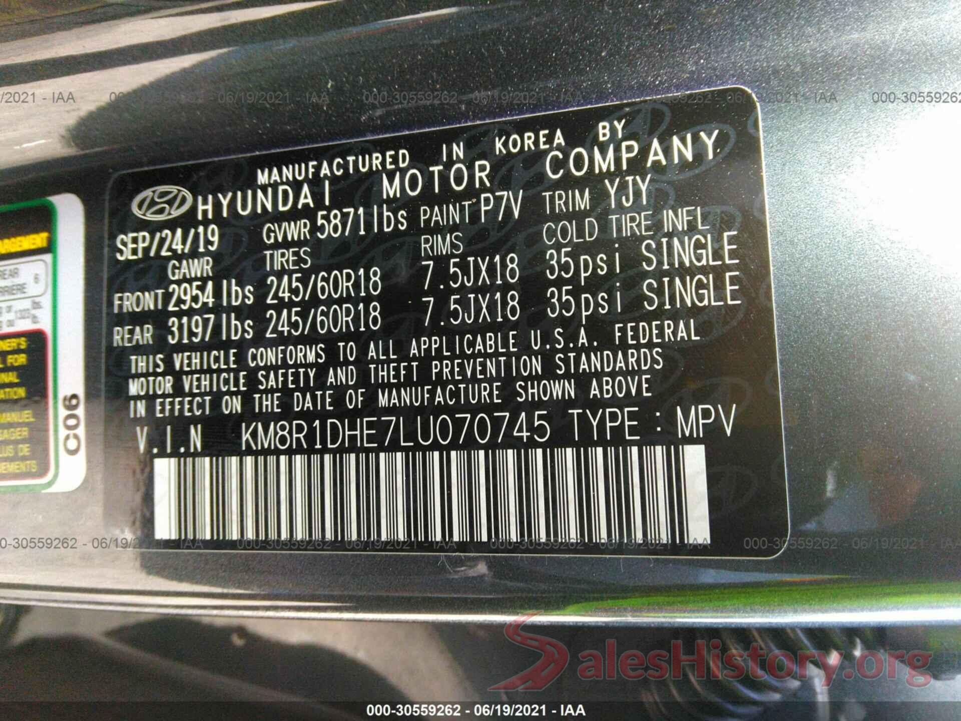 KM8R1DHE7LU070745 2020 HYUNDAI PALISADE