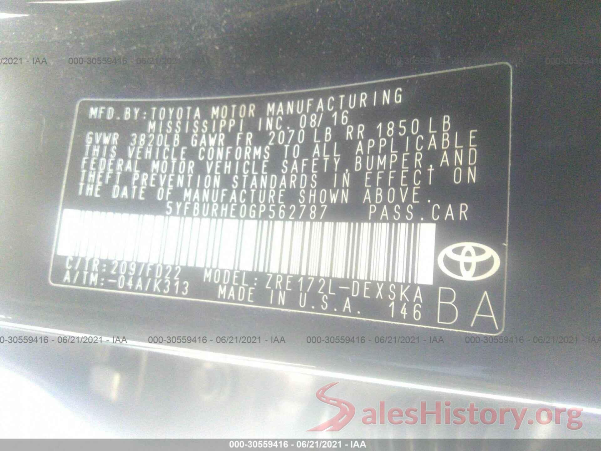 5YFBURHE0GP562787 2016 TOYOTA COROLLA