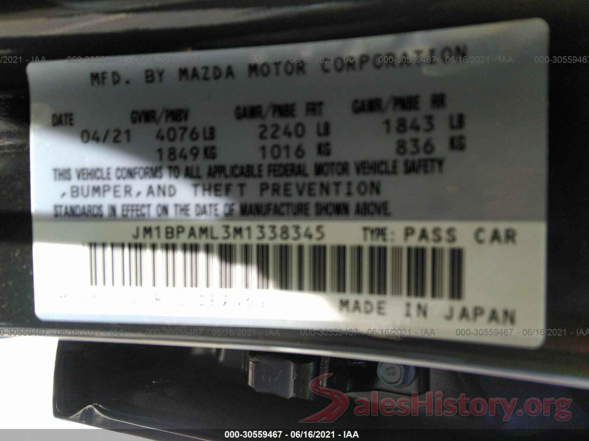 JM1BPAML3M1338345 2021 MAZDA MAZDA3 HATCHBACK